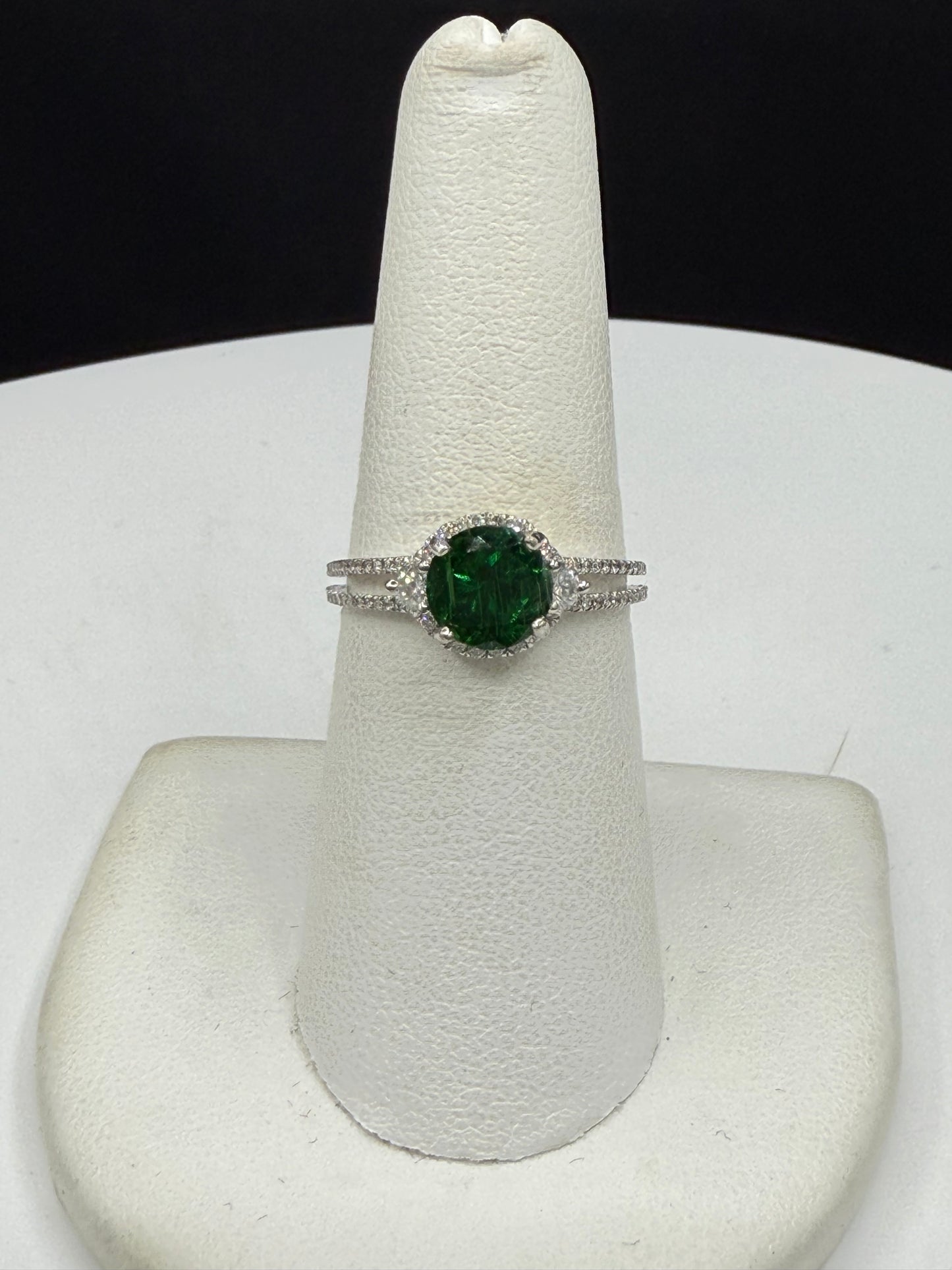 Natural Tsavorite Garnet & Diamond Ring in 14k White Gold, Size 7
