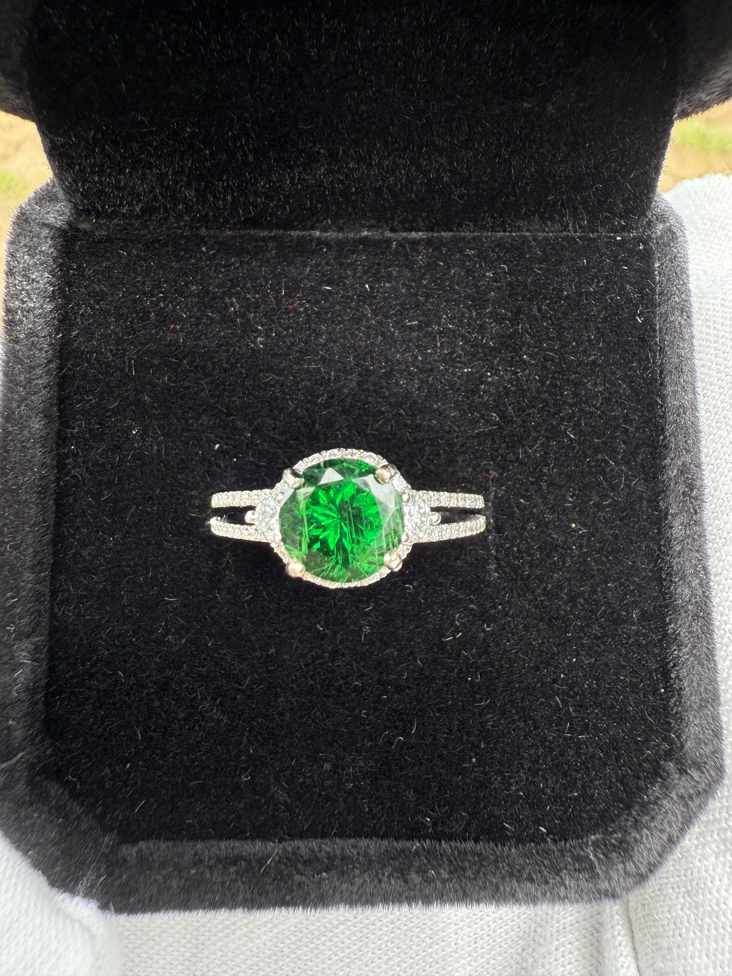Natural Tsavorite Garnet & Diamond Ring in 14k White Gold, Size 7