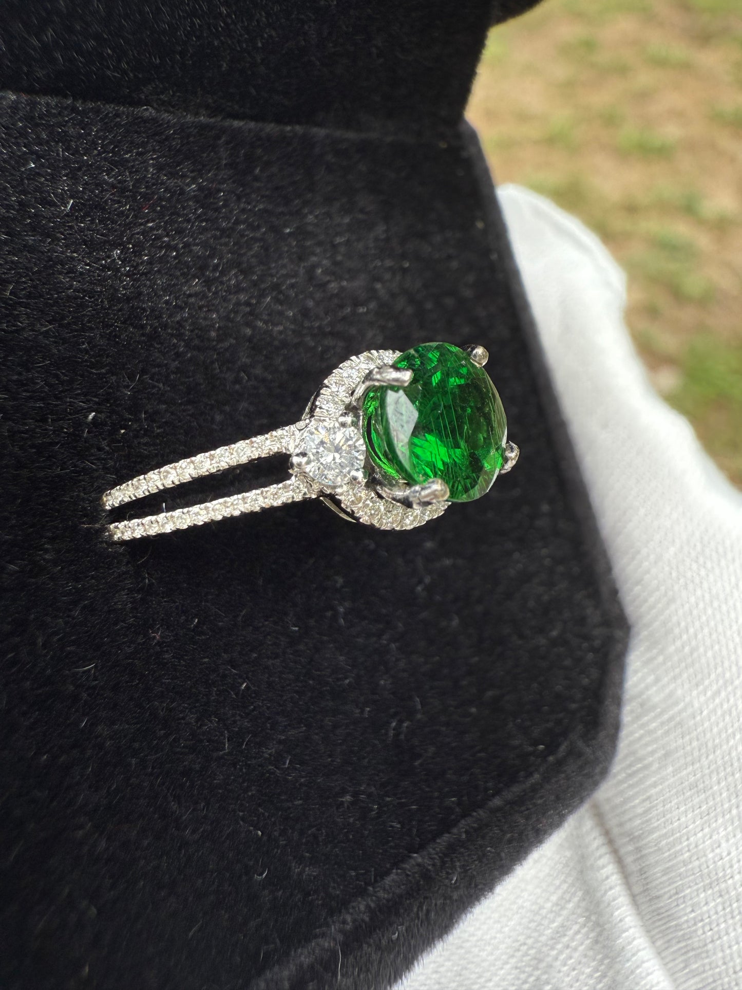 Natural Tsavorite Garnet & Diamond Ring in 14k White Gold, Size 7