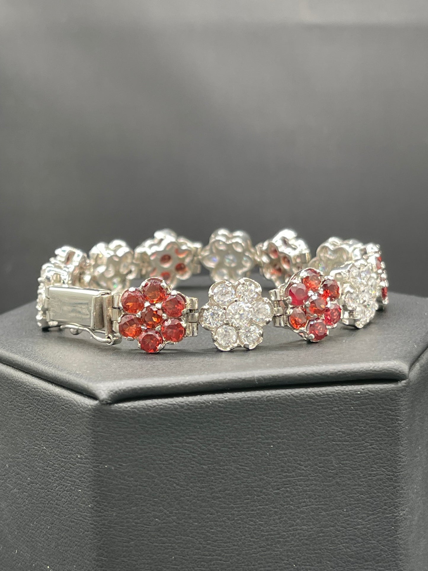 Natural Garnet & Cubic Zirconia Sterling Silver Floral Bracelet
