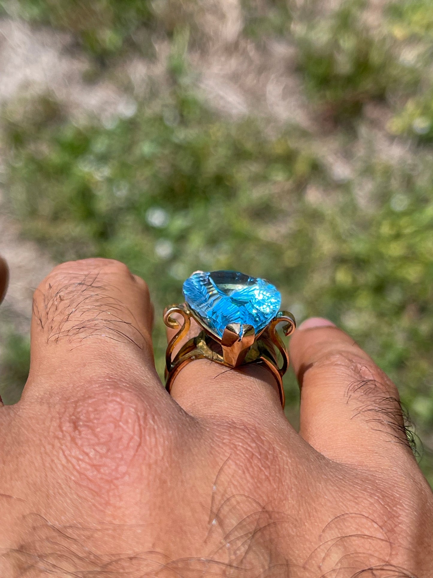 30.03 Carat Blue Topaz Custom Pear Cut 14k Yellow Gold Ring (Size 10)