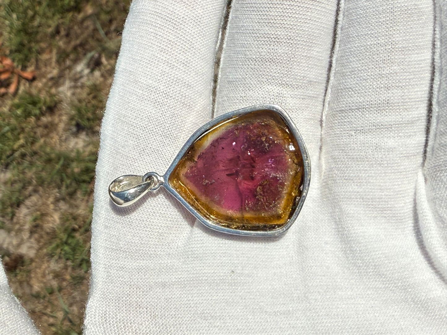 Handmade Natural Watermelon Tourmaline Slice Sterling Silver Pendant