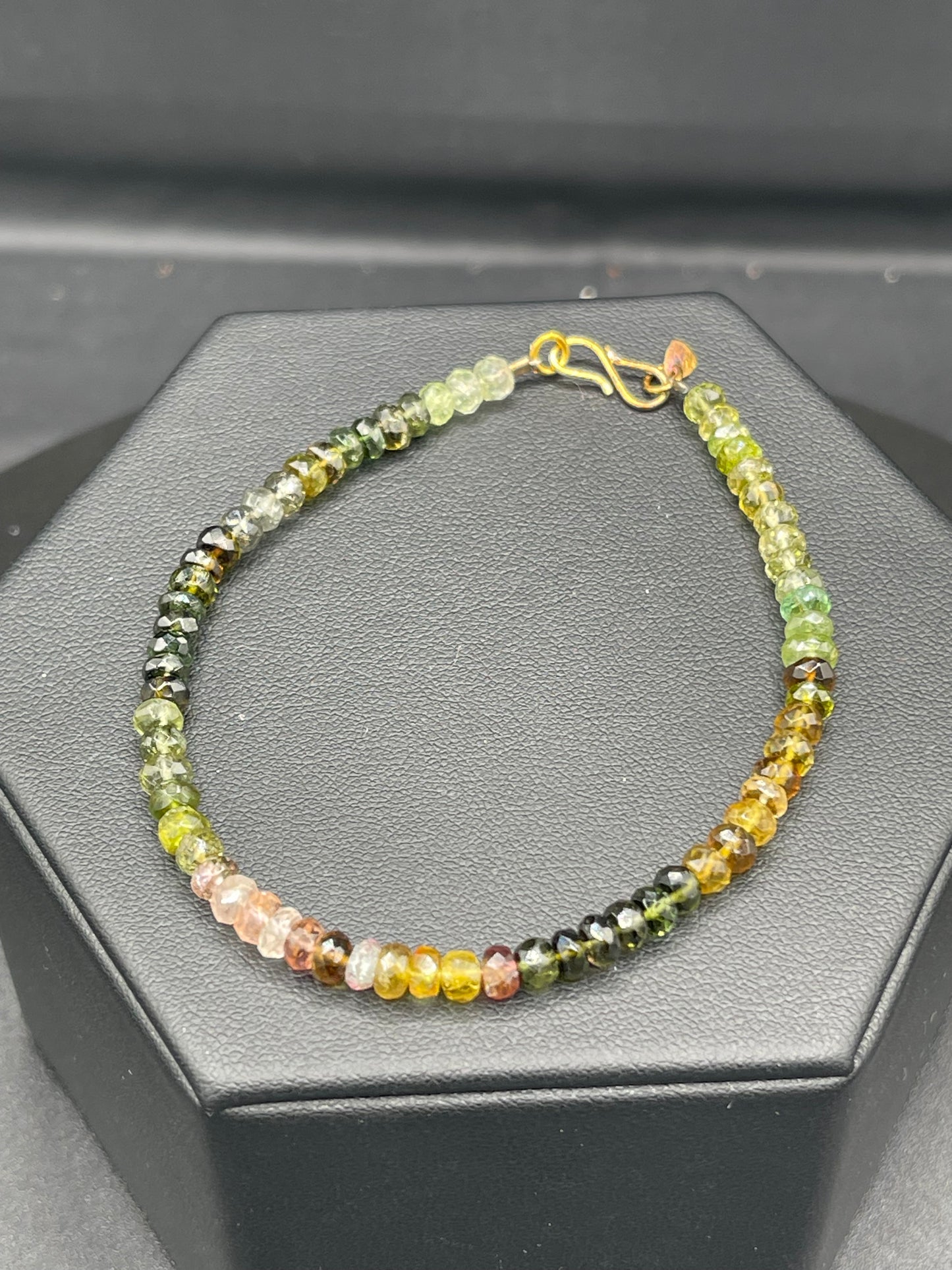 Natural Multi Color Tourmaline 18k Gold Clasp Beaded Bracelet