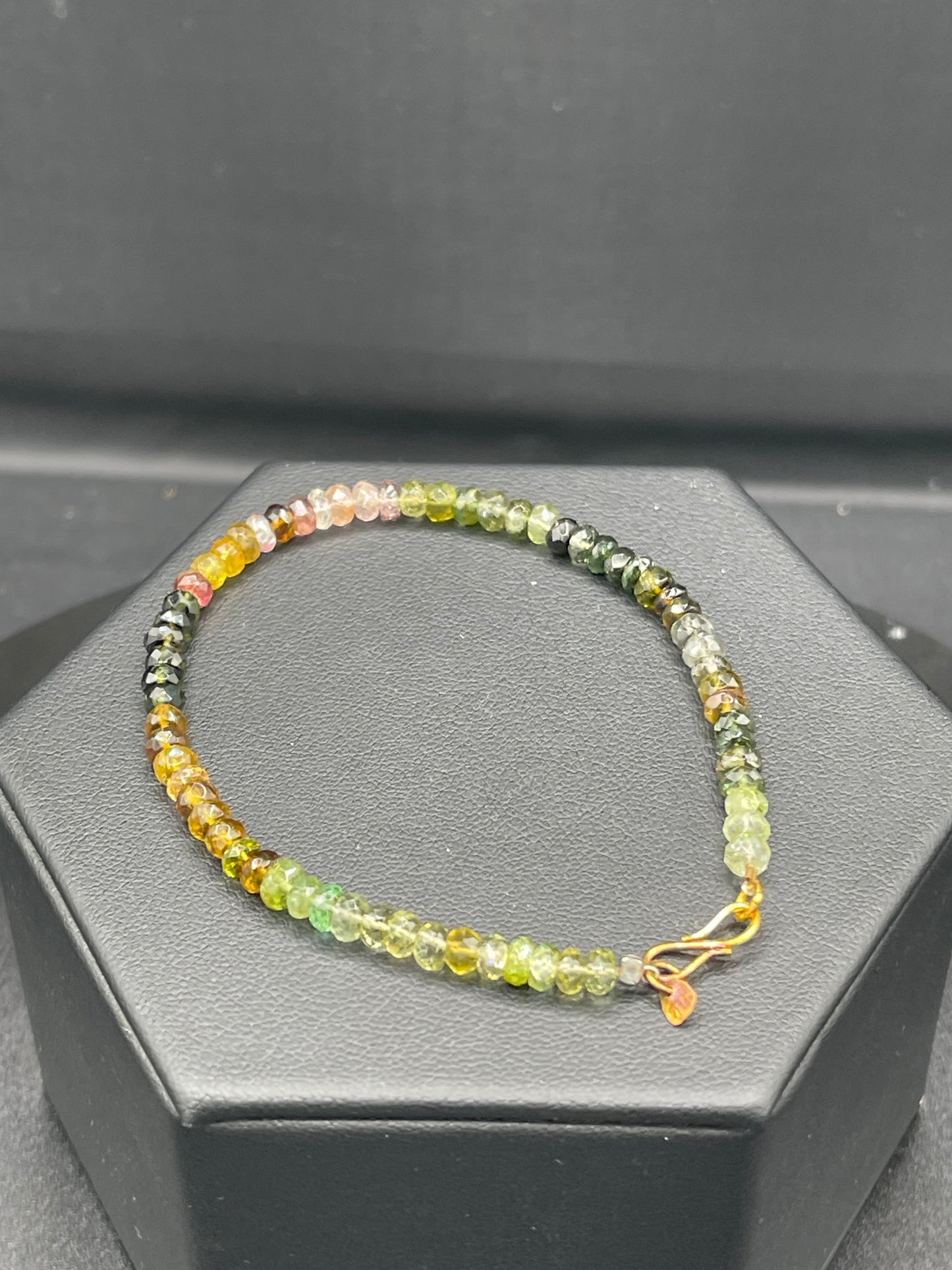 Natural Multi Color Tourmaline 18k Gold Clasp Beaded Bracelet