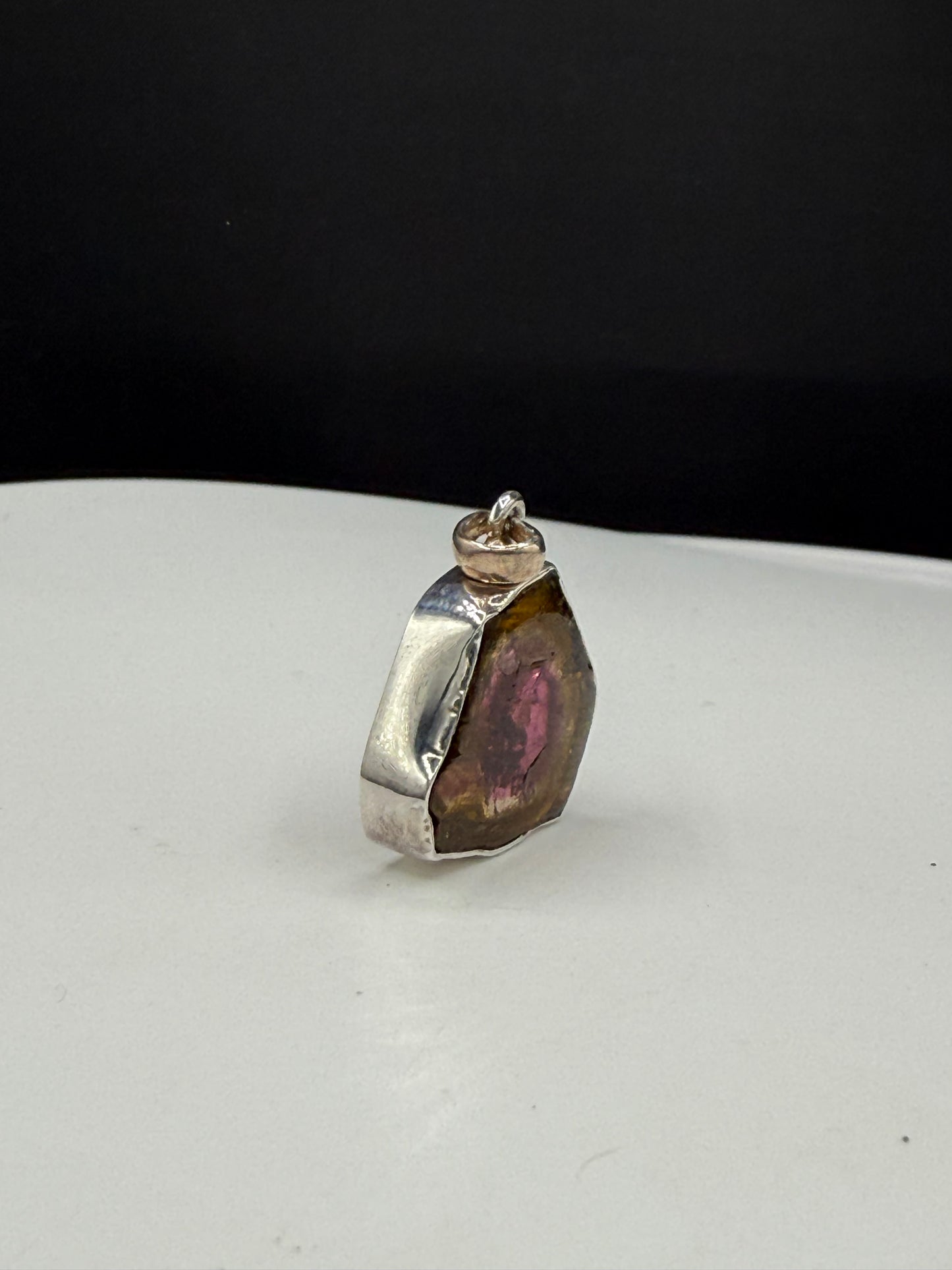 Natural Watermelon Tourmaline Slice Sterling Silver Pendant