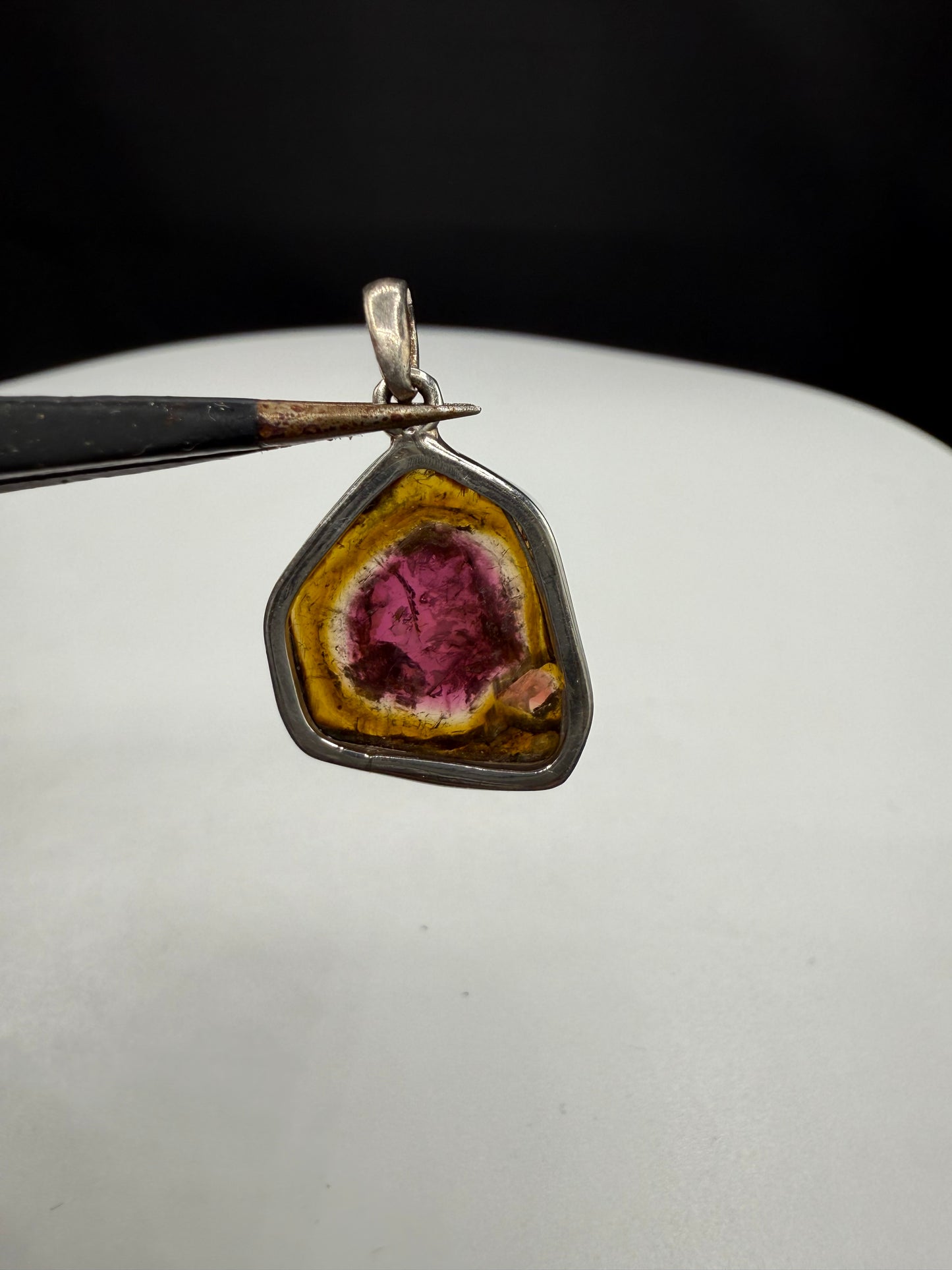 Natural Watermelon Tourmaline Slice Sterling Silver Pendant