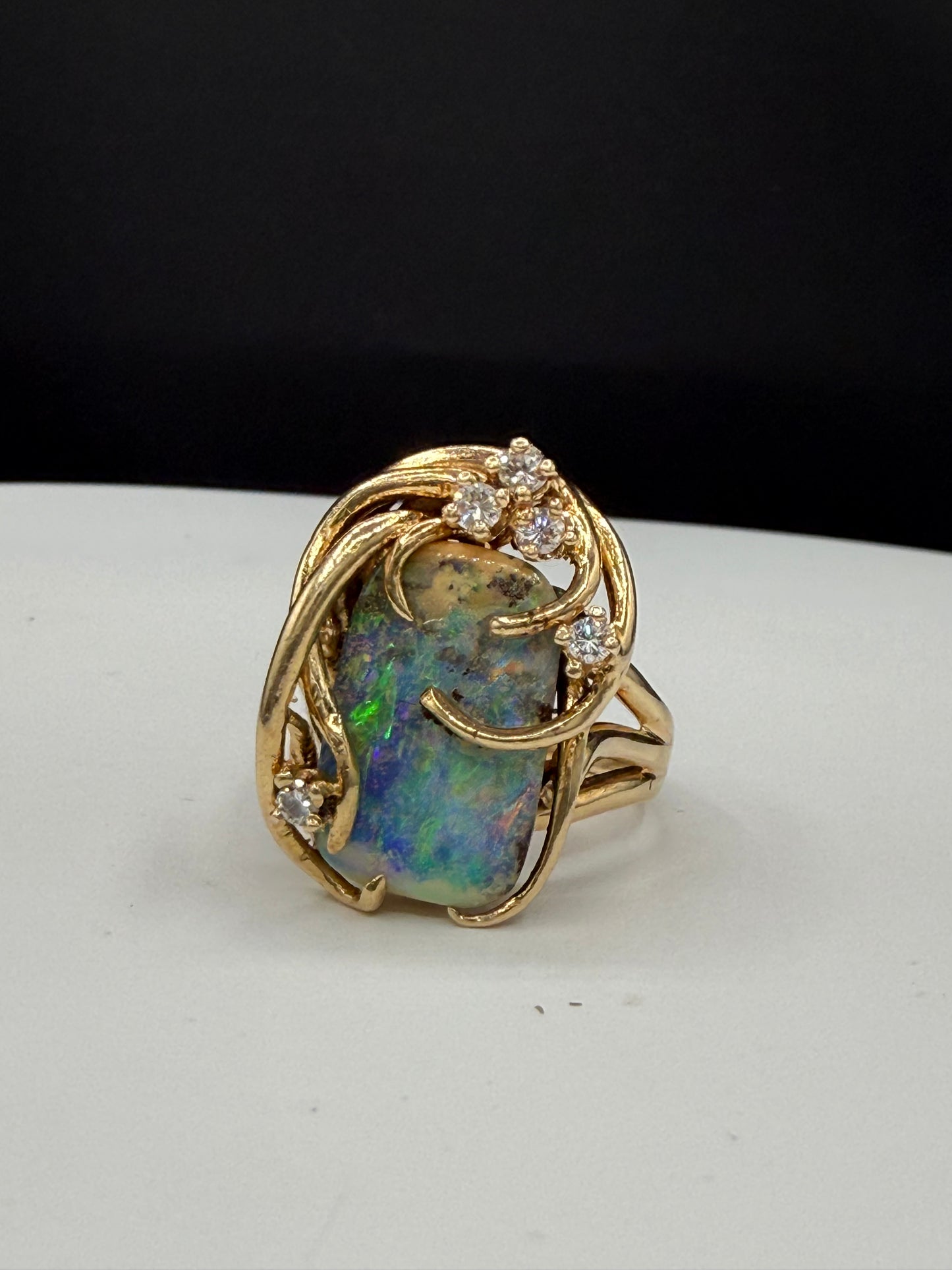 Natural Boulder Opal & Diamond 14k Yellow Gold Statement Ring (Size 7.25)