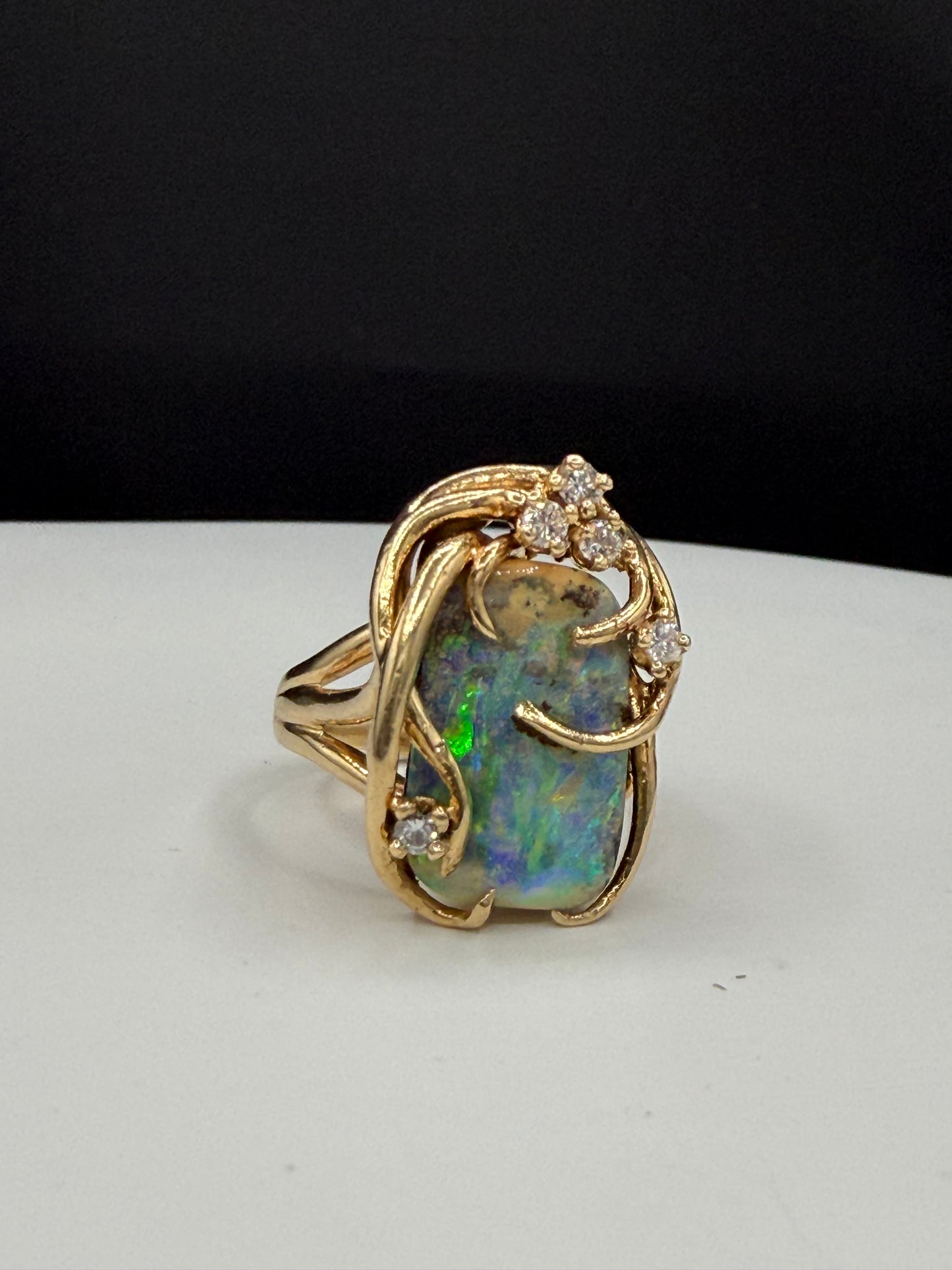 Natural Boulder Opal & Diamond 14k Yellow Gold Statement Ring (Size 7.25)