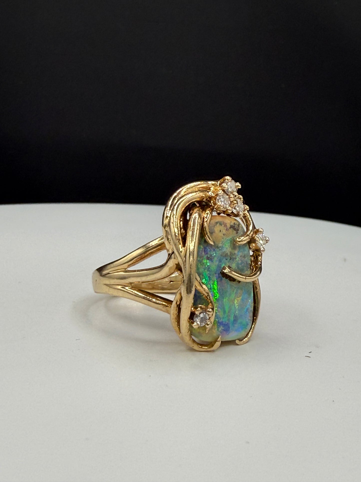 Natural Boulder Opal & Diamond 14k Yellow Gold Statement Ring (Size 7.25)