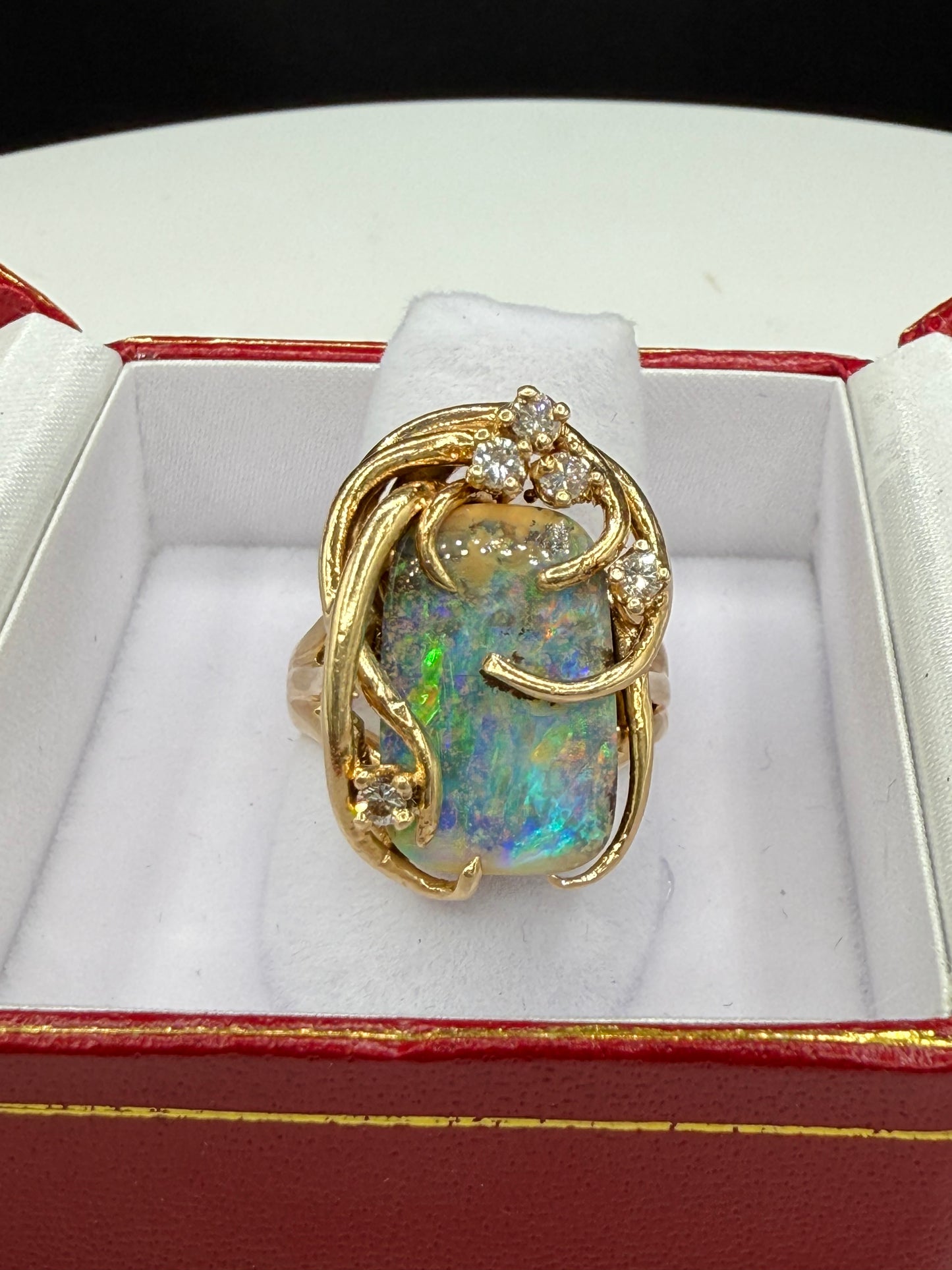 Natural Boulder Opal & Diamond 14k Yellow Gold Statement Ring (Size 7.25)