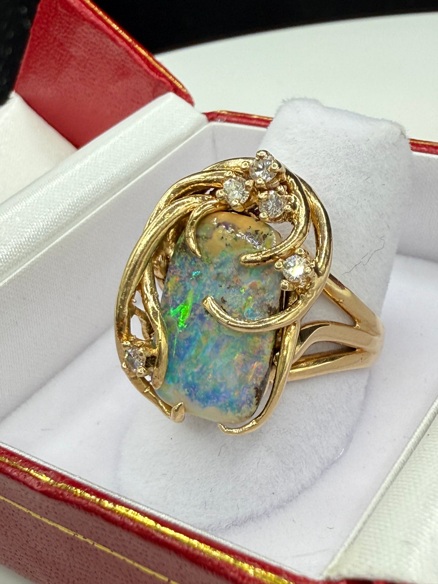 Natural Boulder Opal & Diamond 14k Yellow Gold Statement Ring (Size 7.25)