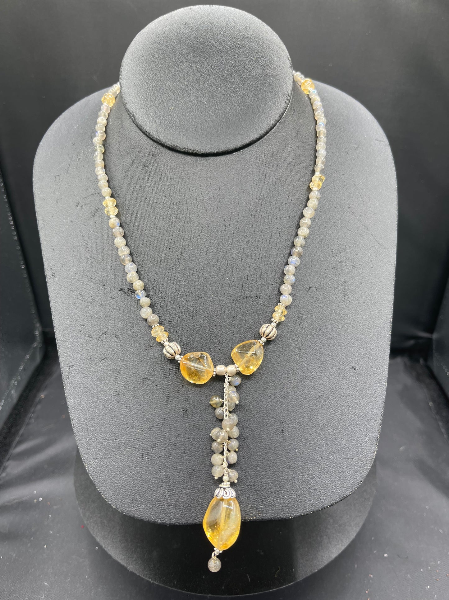 Natural Citrine & Moonstone Sterling Silver Beaded Bib Necklace