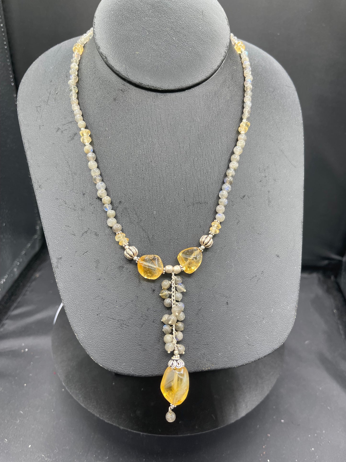 Natural Citrine & Moonstone Sterling Silver Beaded Bib Necklace