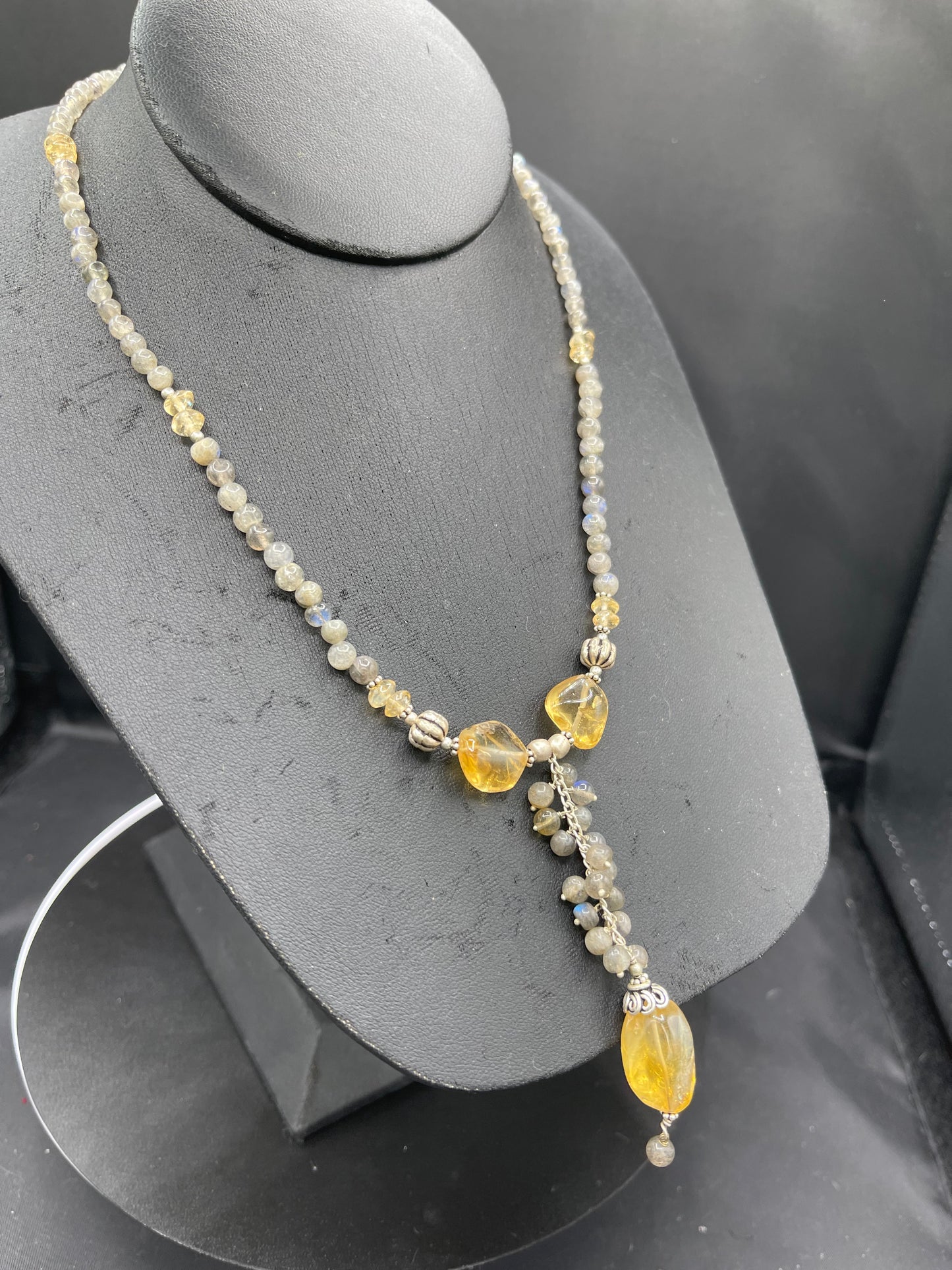 Natural Citrine & Moonstone Sterling Silver Beaded Bib Necklace