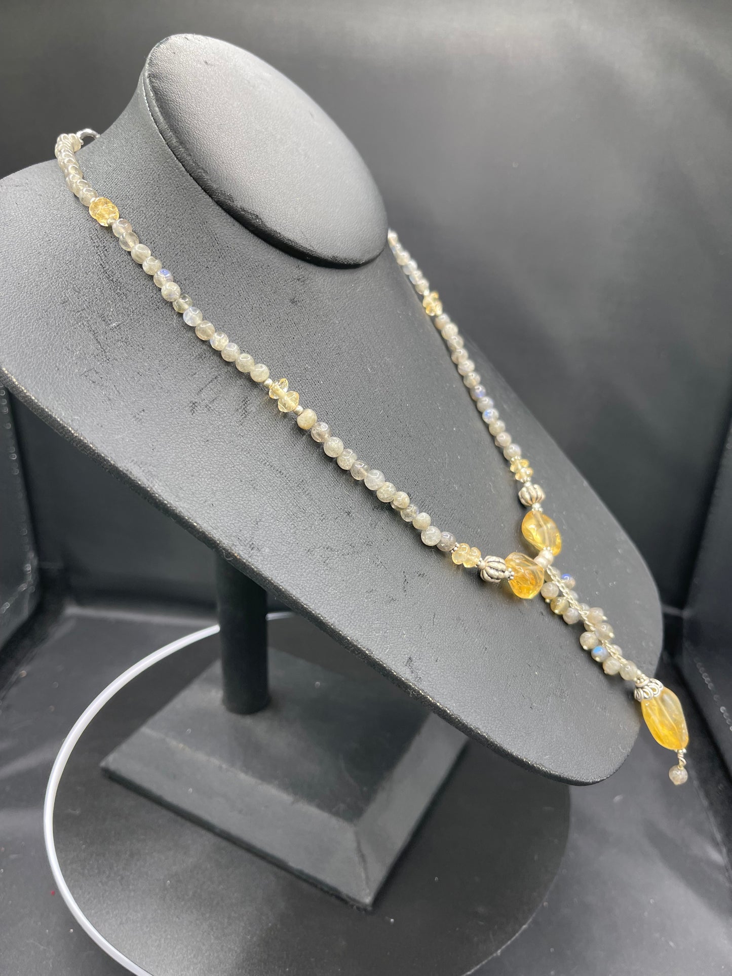 Natural Citrine & Moonstone Sterling Silver Beaded Bib Necklace