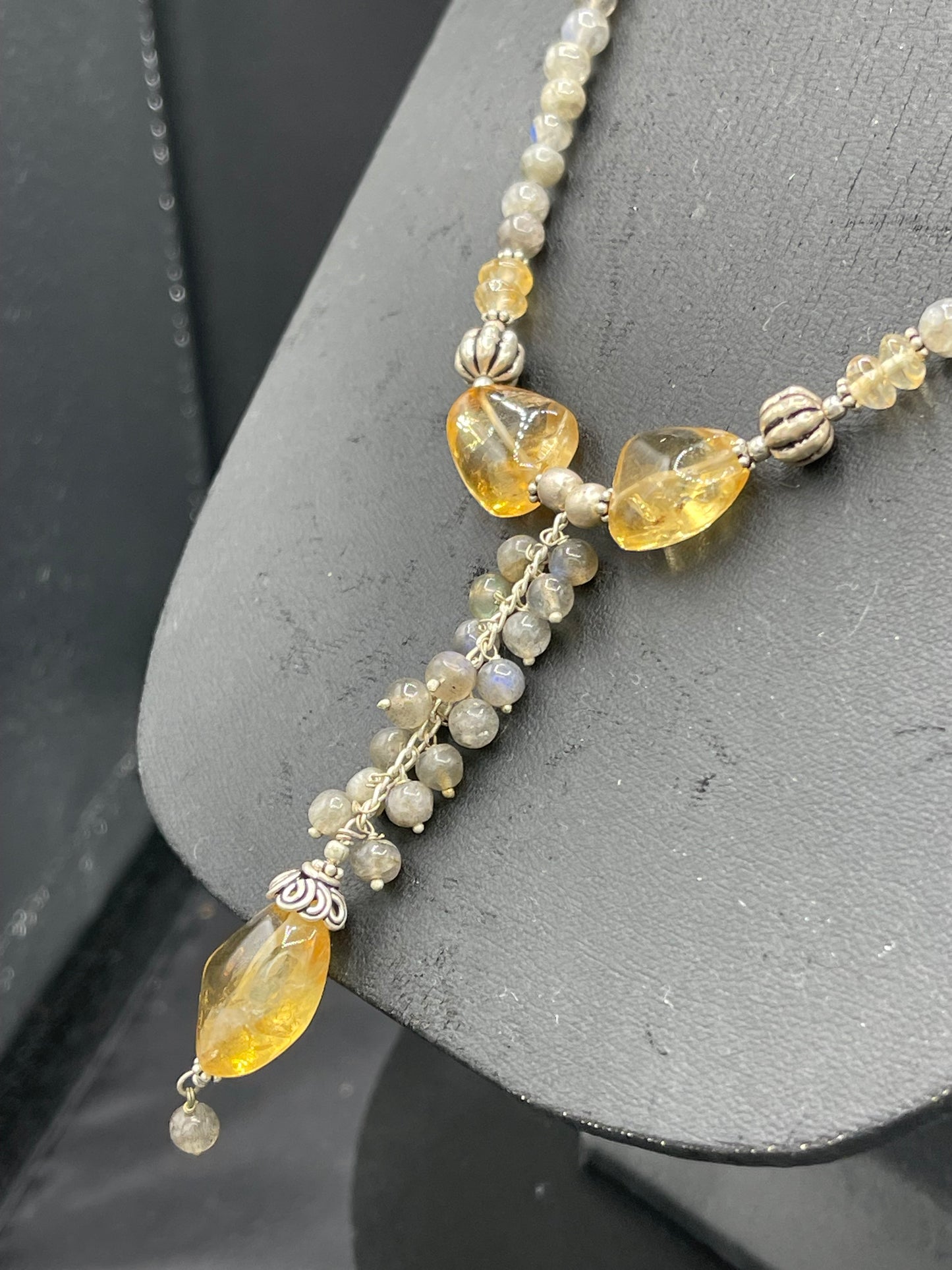 Natural Citrine & Moonstone Sterling Silver Beaded Bib Necklace