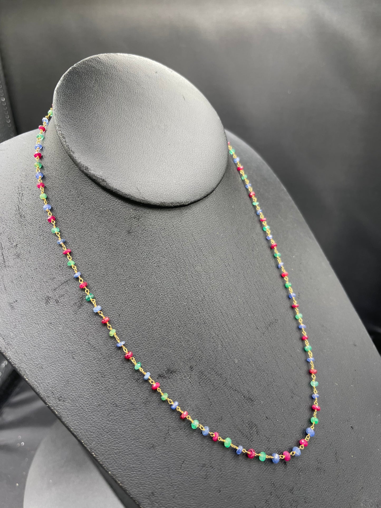 Faceted Ruby Emerald & Sapphire 18K Handmade Necklace (18 Inches)