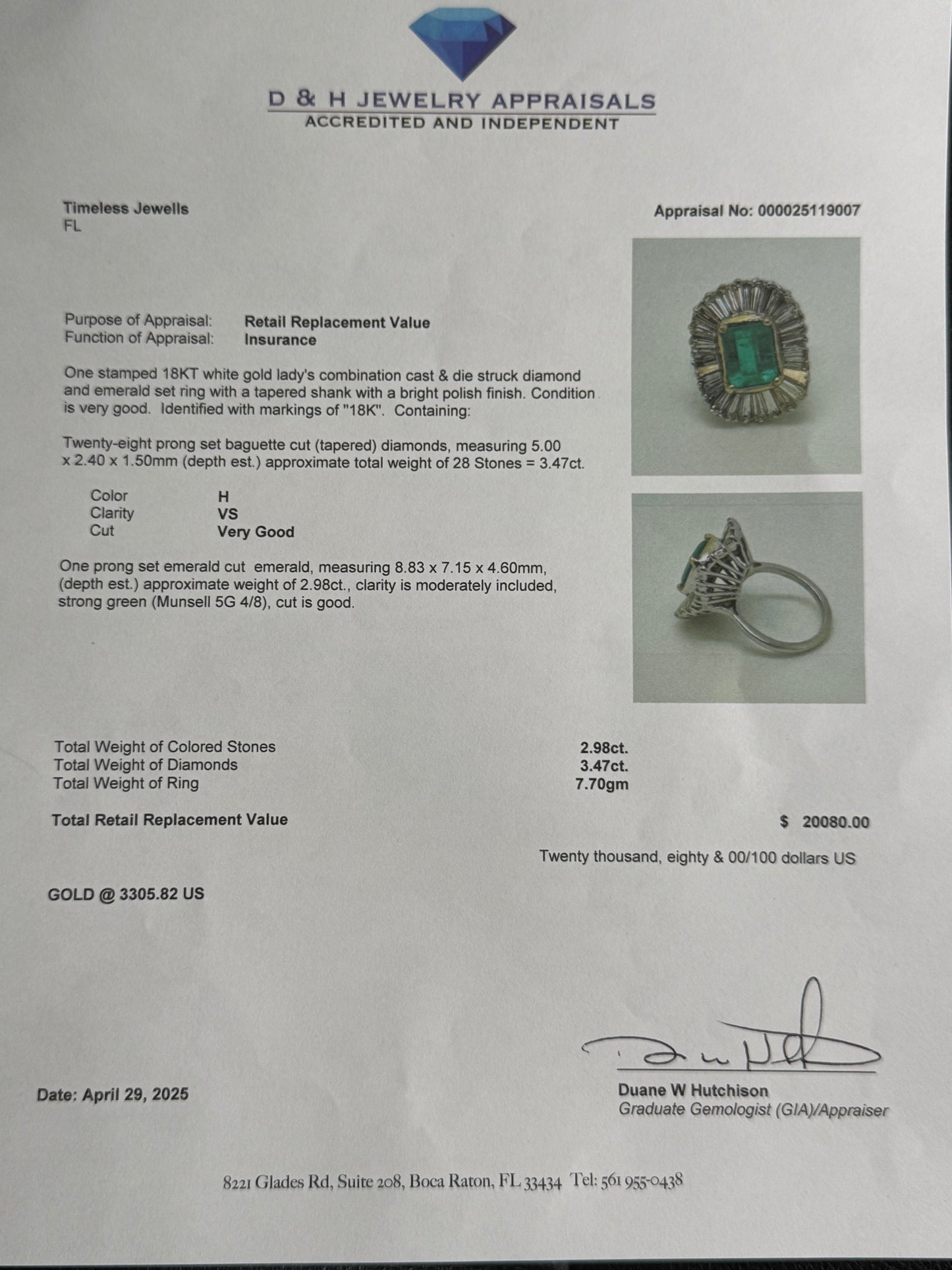 Exquisite Natural Emerald & Diamond 18k White Gold Ring (Size 5.5)