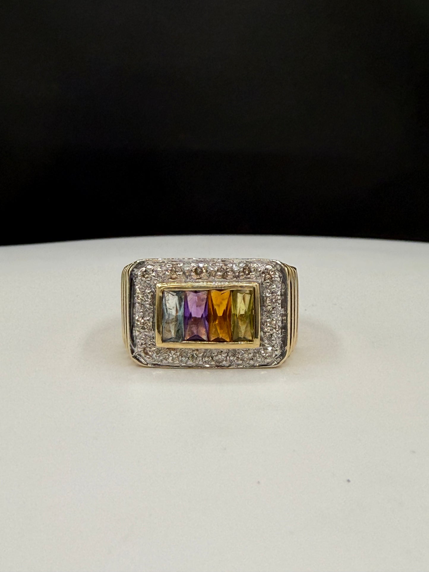 Vintage 14K Yellow Gold Men’s Multi-Gemstone & Diamond Halo Ring – Size 7.75