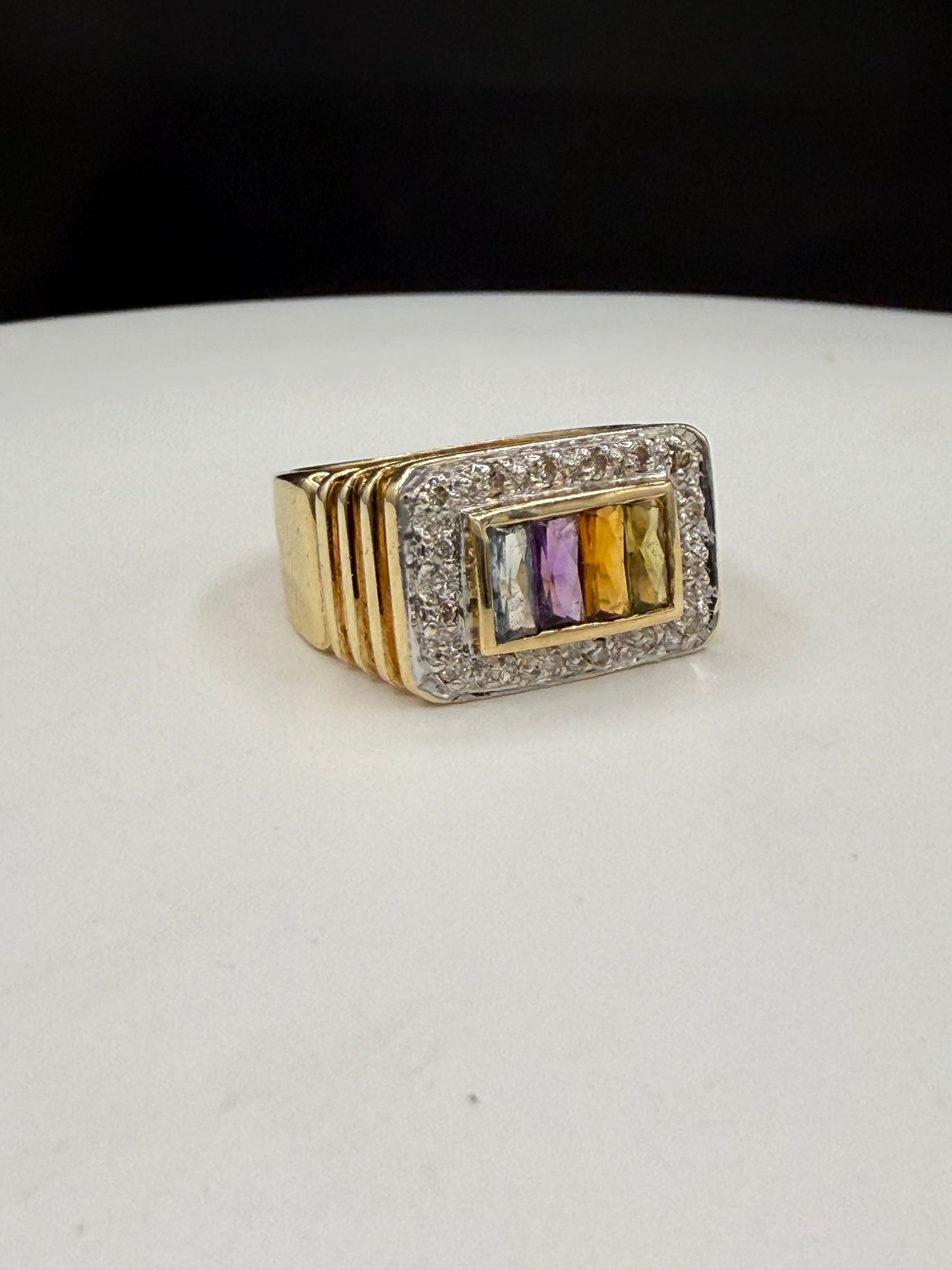 Vintage 14K Yellow Gold Men’s Multi-Gemstone & Diamond Halo Ring – Size 7.75