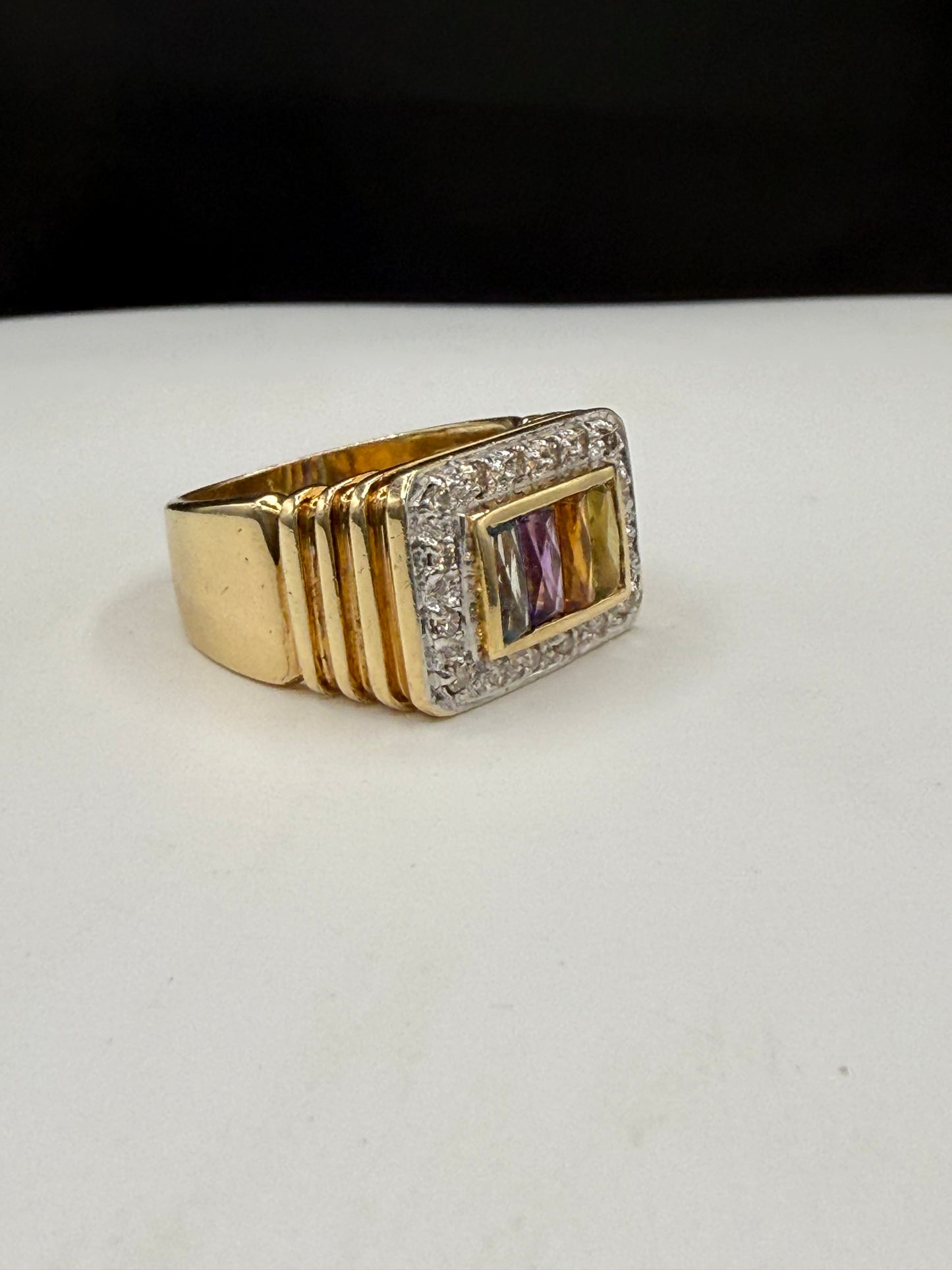 Vintage 14K Yellow Gold Men’s Multi-Gemstone & Diamond Halo Ring – Size 7.75