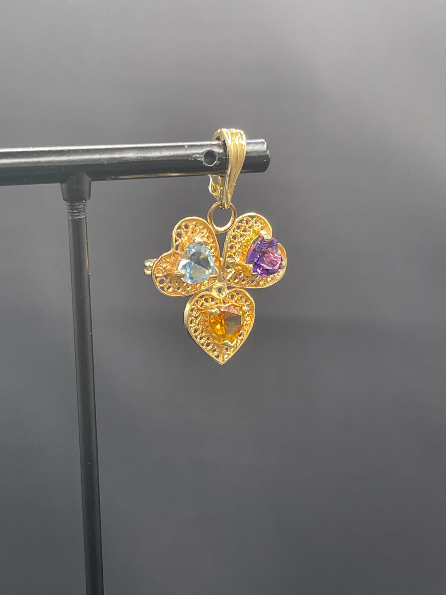 Natural Blue Topaz Amethyst Citrine Heart 14k Yellow Gold Brooch / Pendant