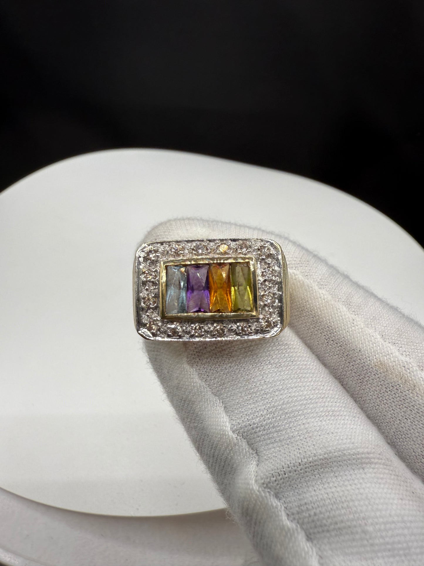 Vintage 14K Yellow Gold Men’s Multi-Gemstone & Diamond Halo Ring – Size 7.75