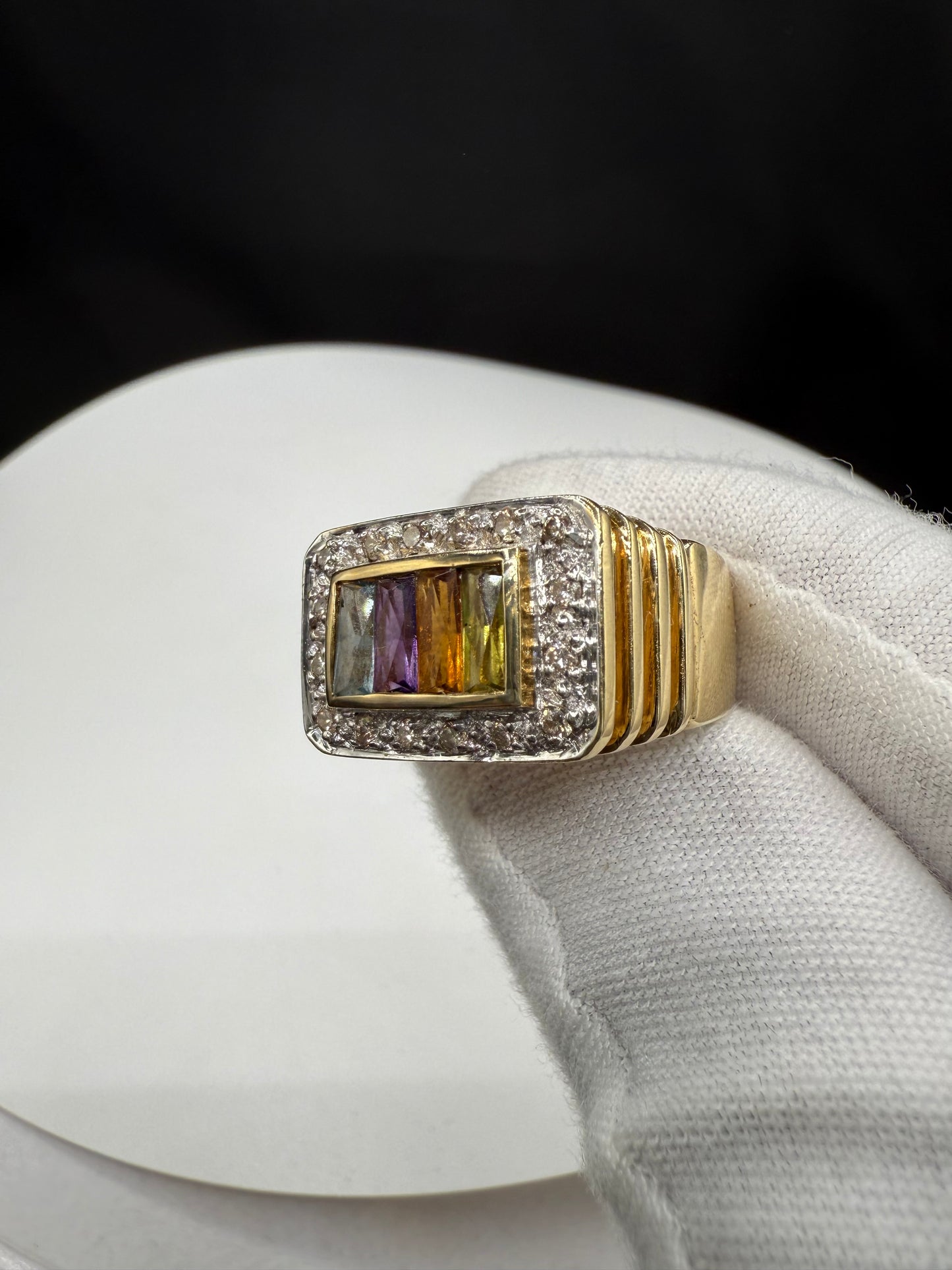 Vintage 14K Yellow Gold Men’s Multi-Gemstone & Diamond Halo Ring – Size 7.75