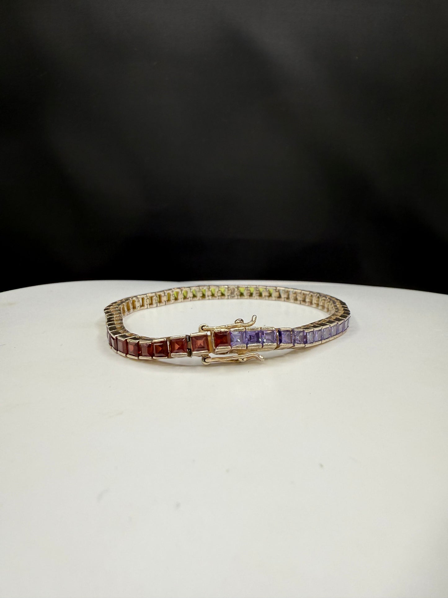 Vintage Sterling Silver Princess Cut Multi-Gemstone Tennis Bracelet | Amethyst, Topaz, Garnet, Peridot, Citrine | 7.5” |