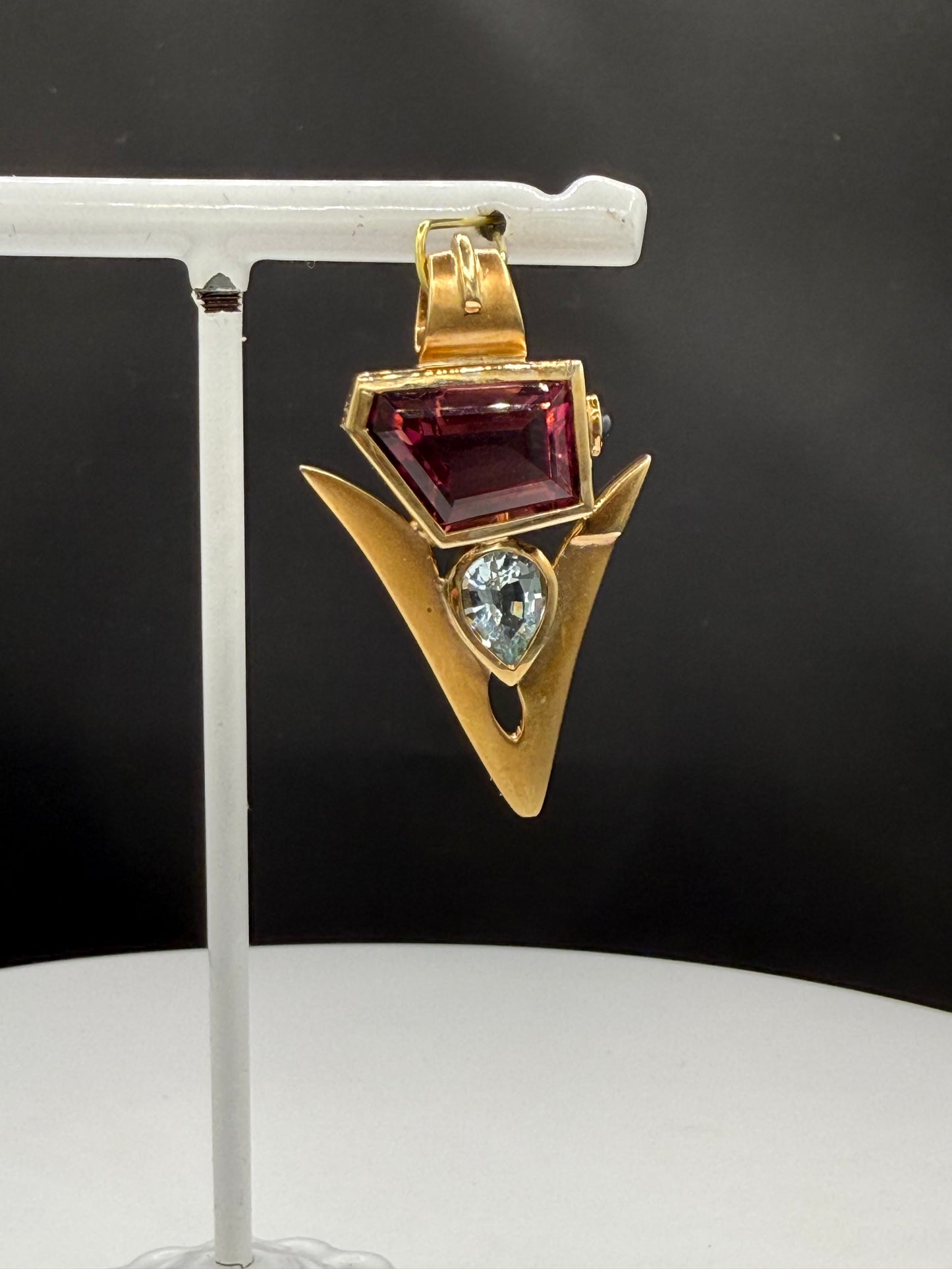 Natural Rubellite Tourmaline & Aquamarine 18K Yellow Gold Shark Tooth Pendant