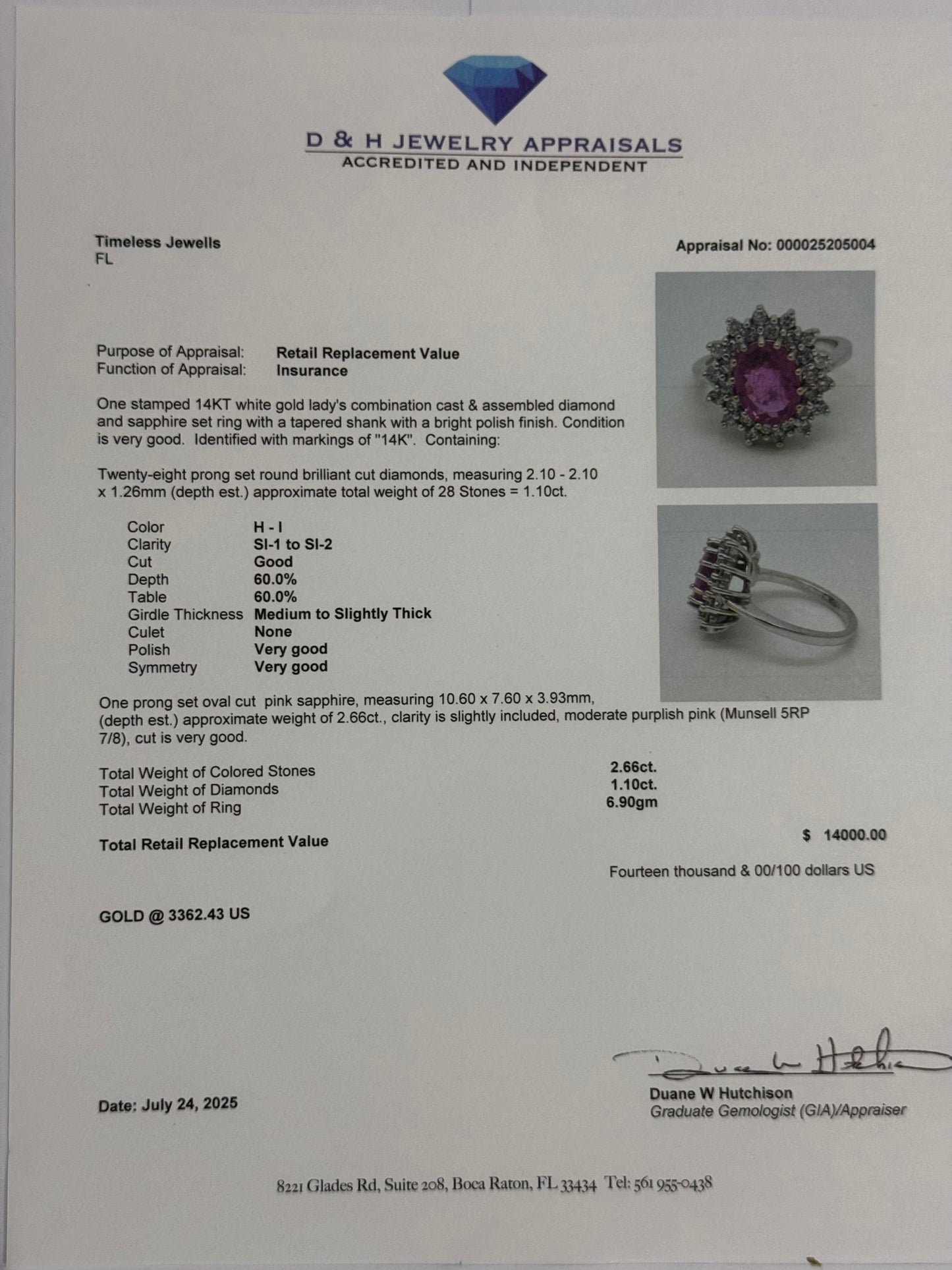 3.65 Carat Natural Pink Sapphire & Diamond 14k White Gold Ring (Size 7