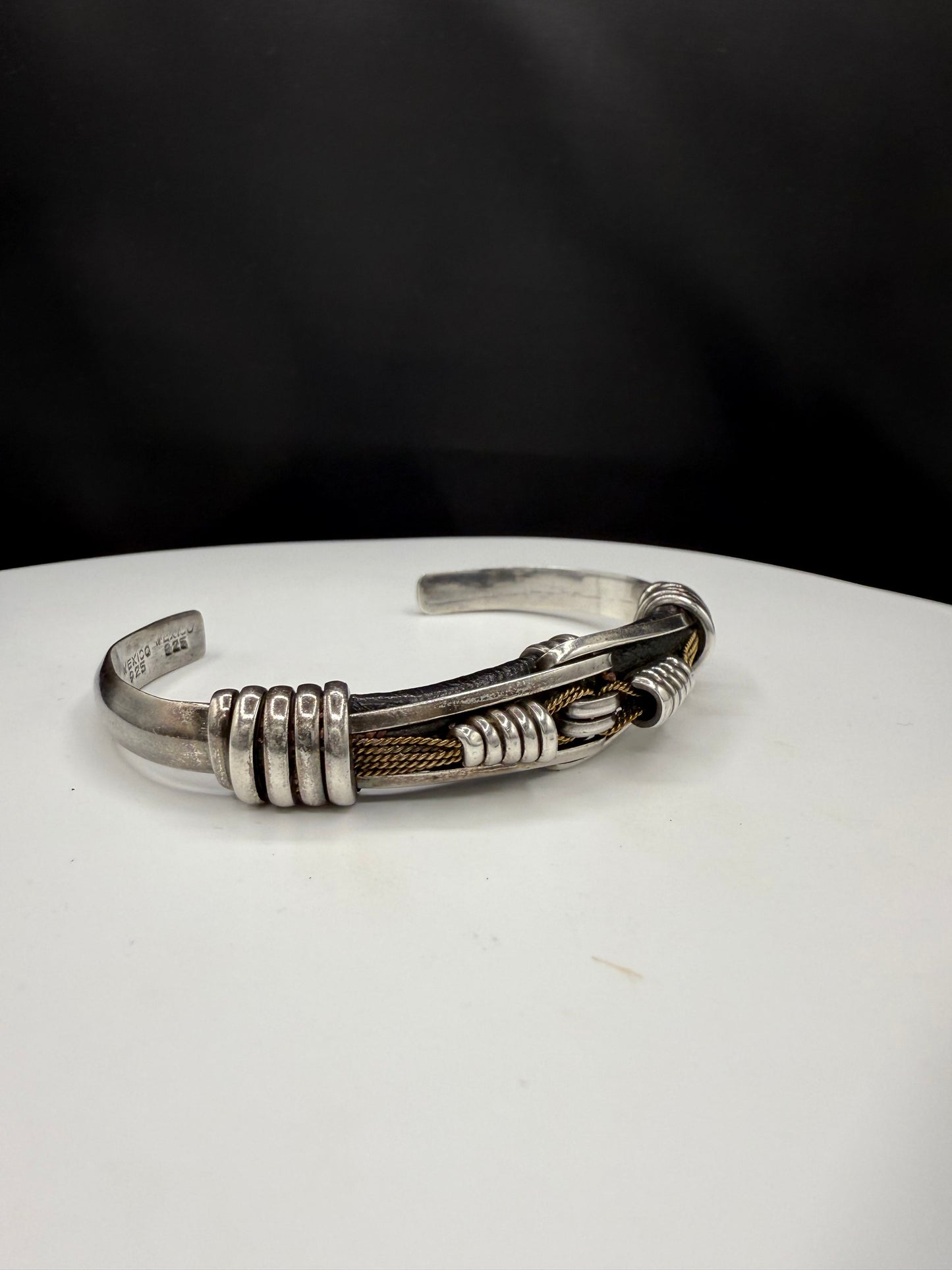 Handmade Sterling Silver & Leather Men’s Cuff Bracelet | Solid 925 Mexico | 34.3g Heavyweight Vintage Biker Jewelry