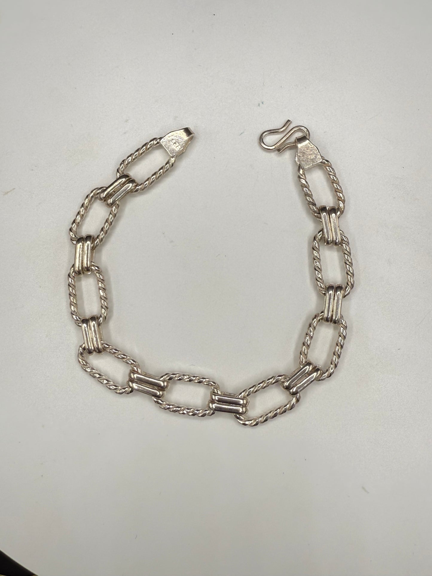 Vintage Solid Sterling Silver Rope Rectangle Link Bracelet | 17g | 8” Unisex S-Hook 925 Chain