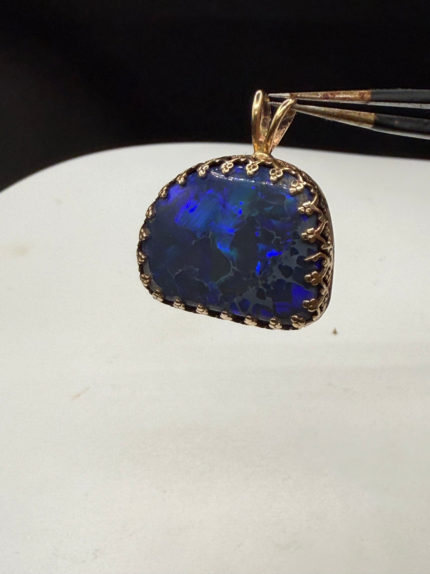 Natural Black Opal Pendant in 14K Yellow Gold