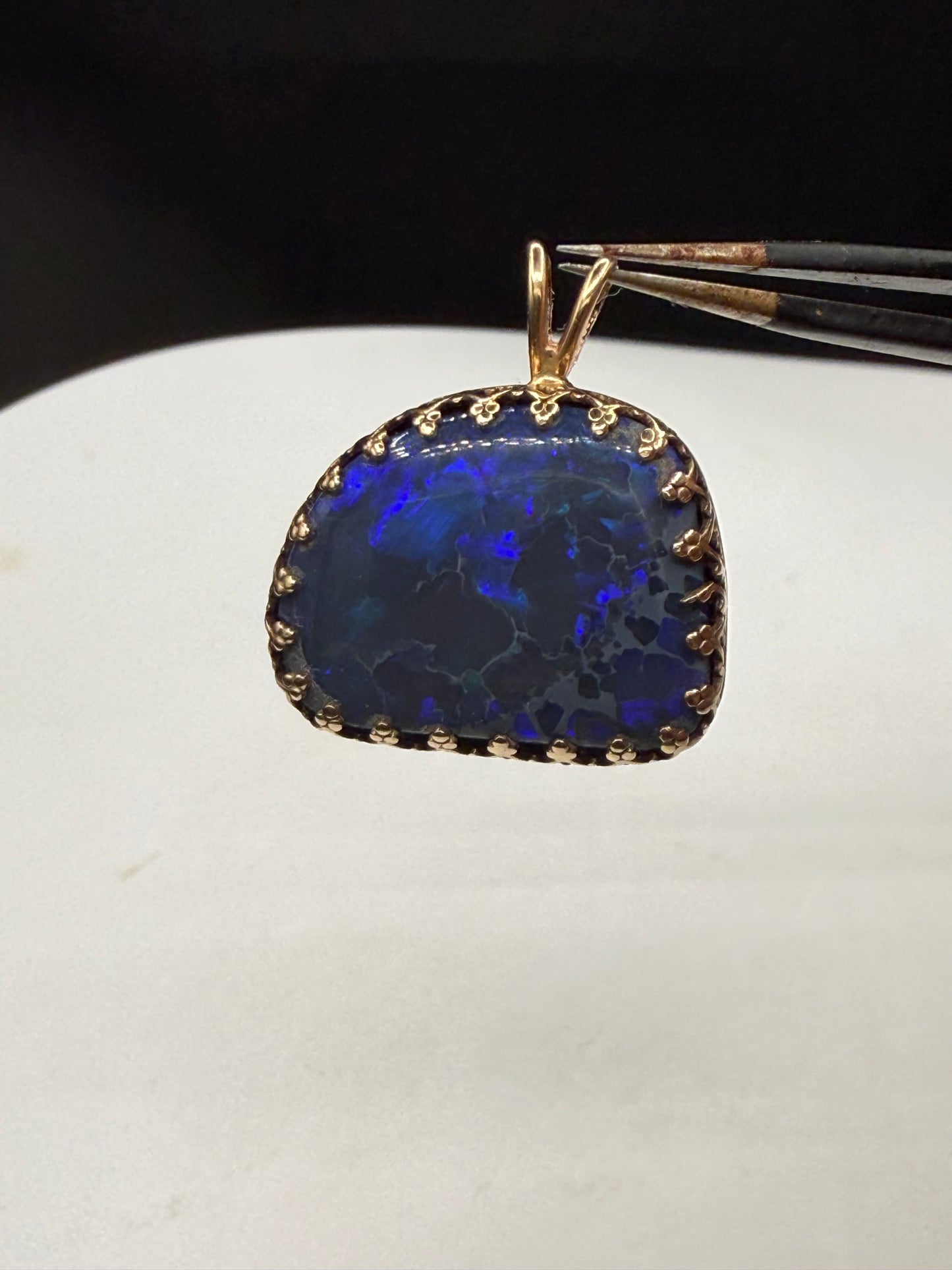 Natural Black Opal Pendant in 14K Yellow Gold