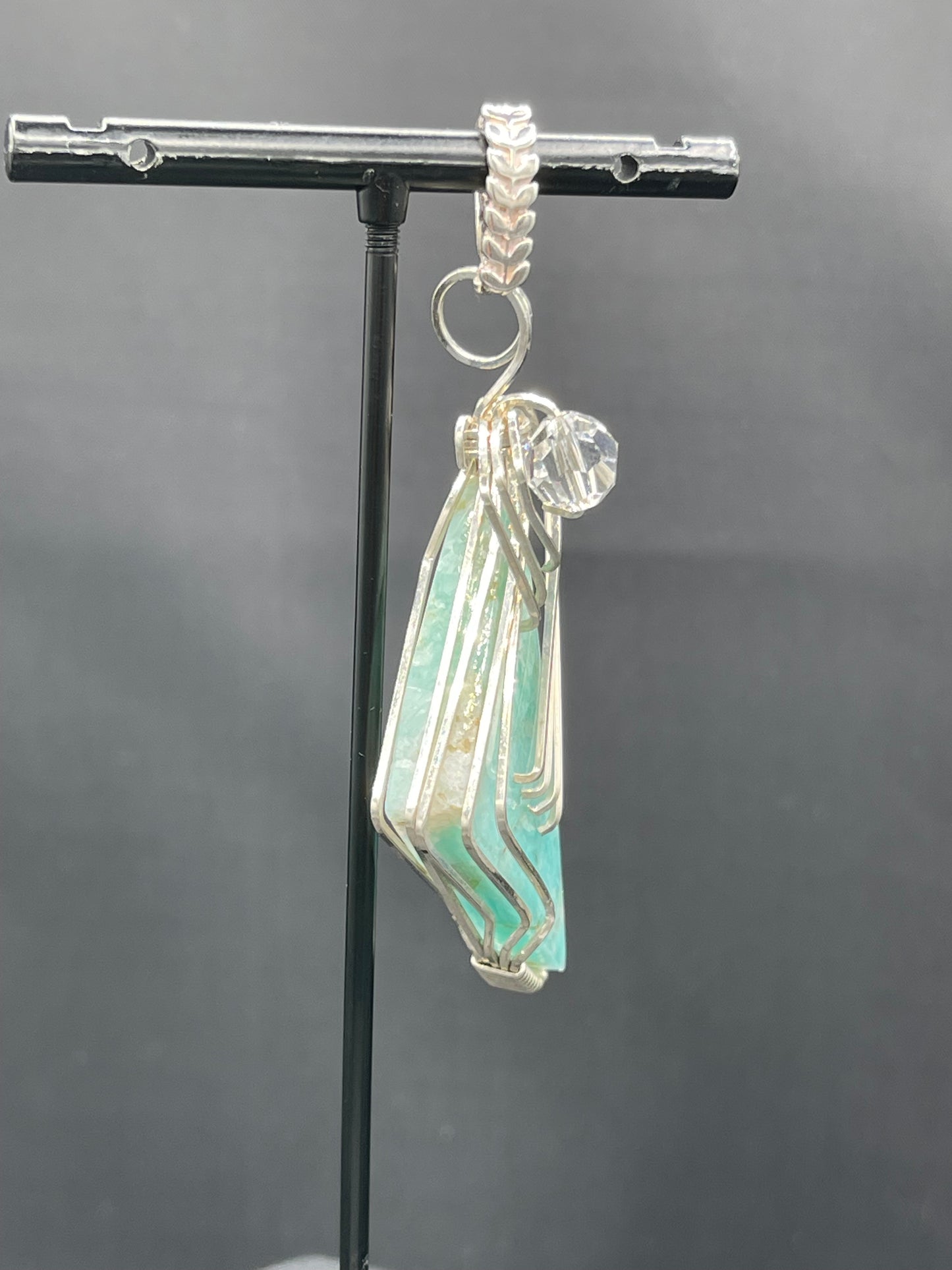 Natural Larimar & Swarovski Crystal Sterling Silver Wire Wrapped Pendant