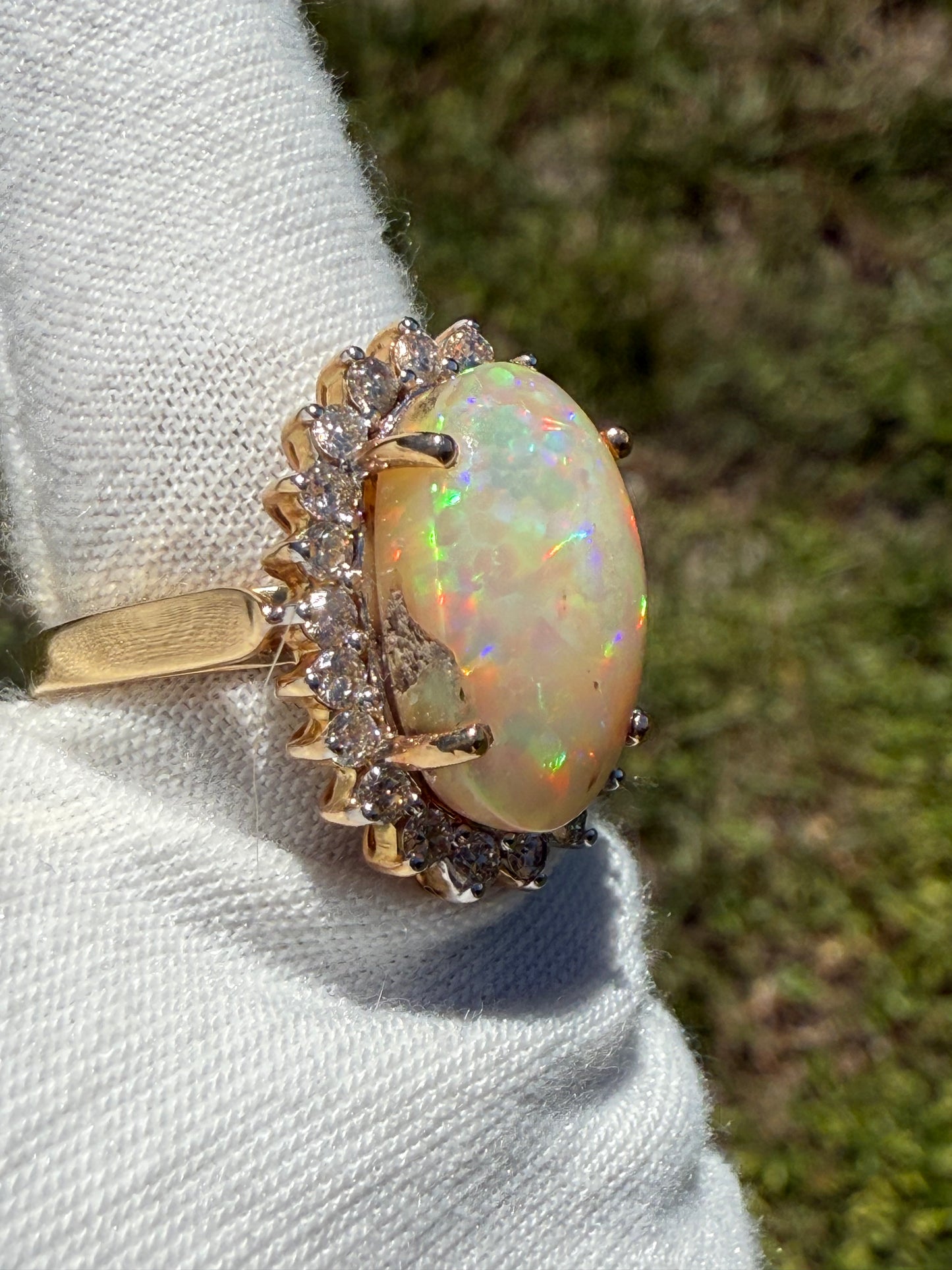 Natural Ethiopian Opal & Diamond Halo 14k Yellow Gold Ring (Size 8.25)