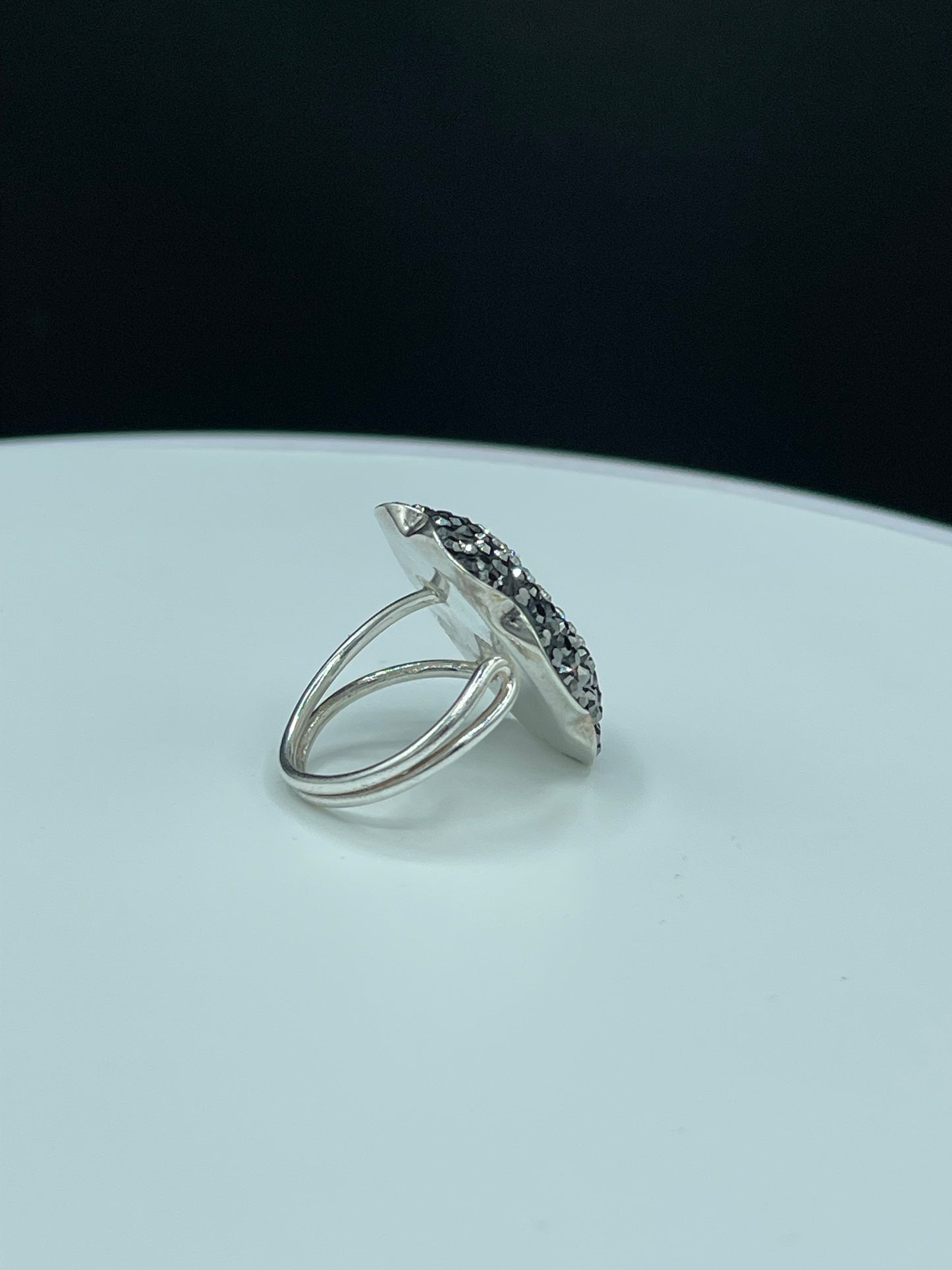 Natural Druzy Quartz & Swarovski Crystal Sterling Silver Adjustable Ring