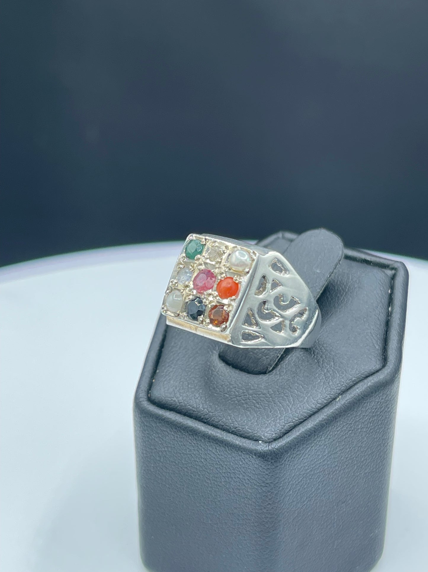 Multi Gemstone Chakra Sterling Silver Unisex Ring (Size 9)