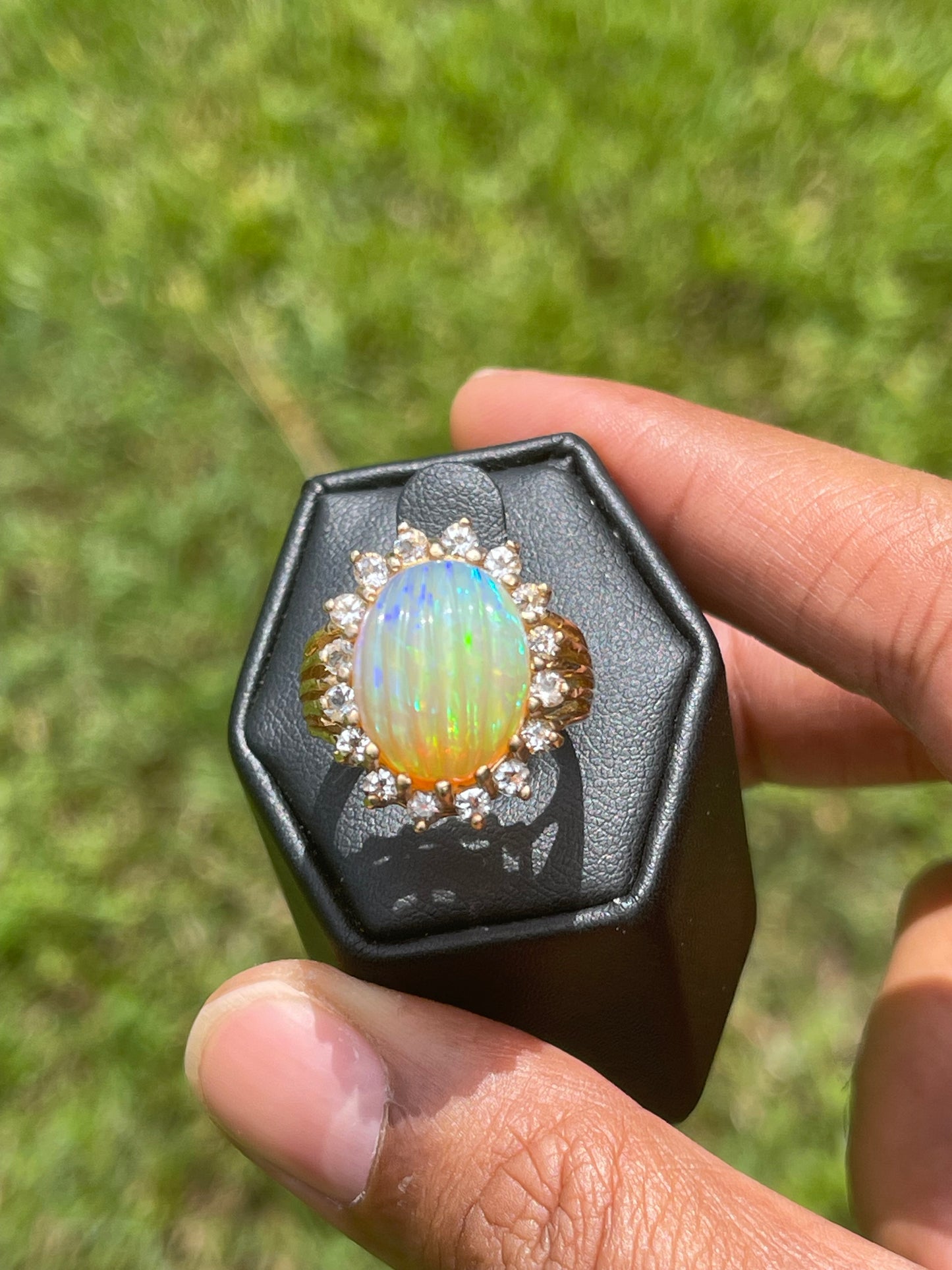12.57 Carat Ethiopian Welo Opal Natural White Sapphire 14k Yellow Gold Ring (Size 7)