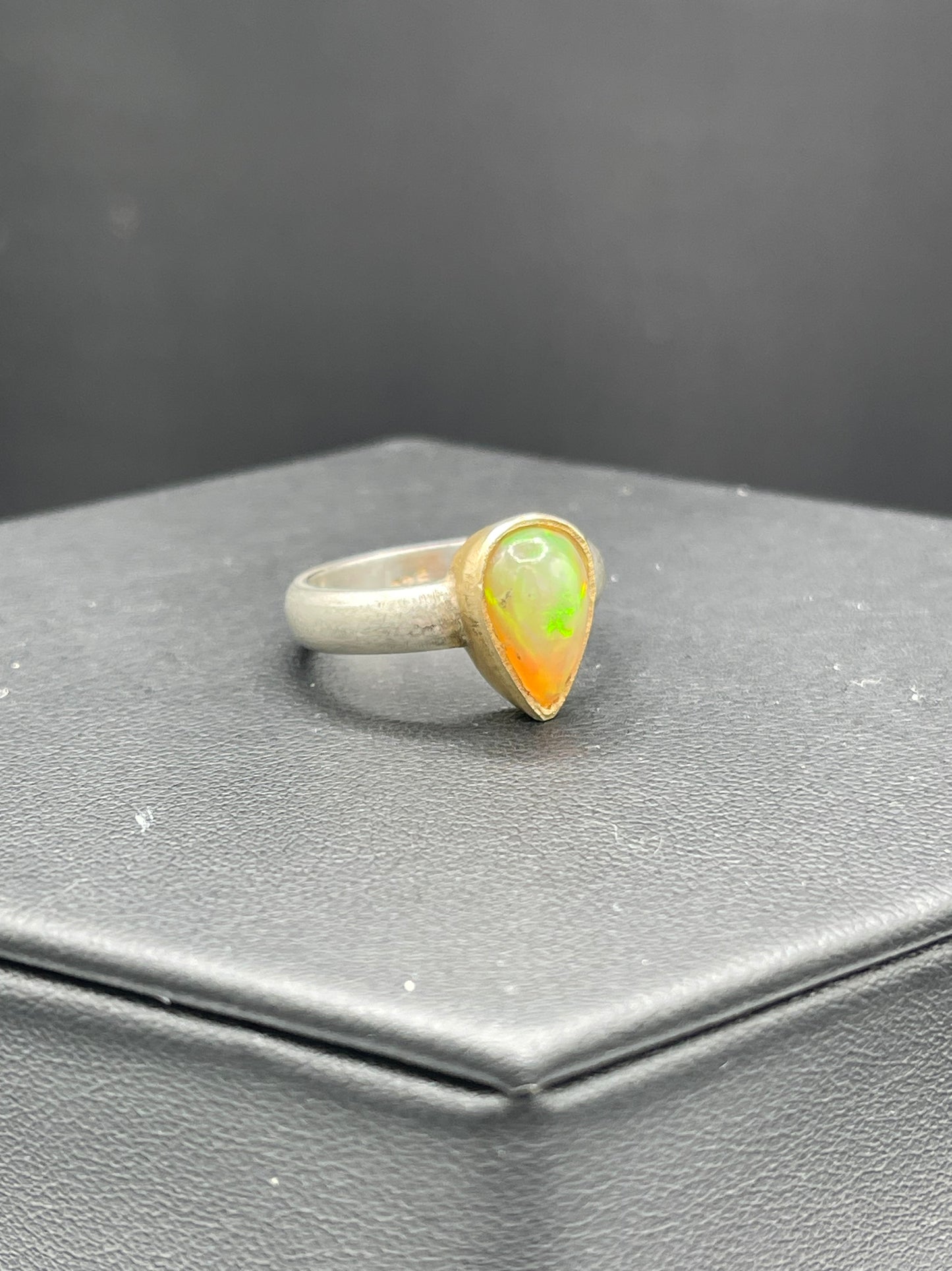 Natural Ethiopian Opal Pear Cut 18k Matte Finish Sterling Silver Ring (Size 8)