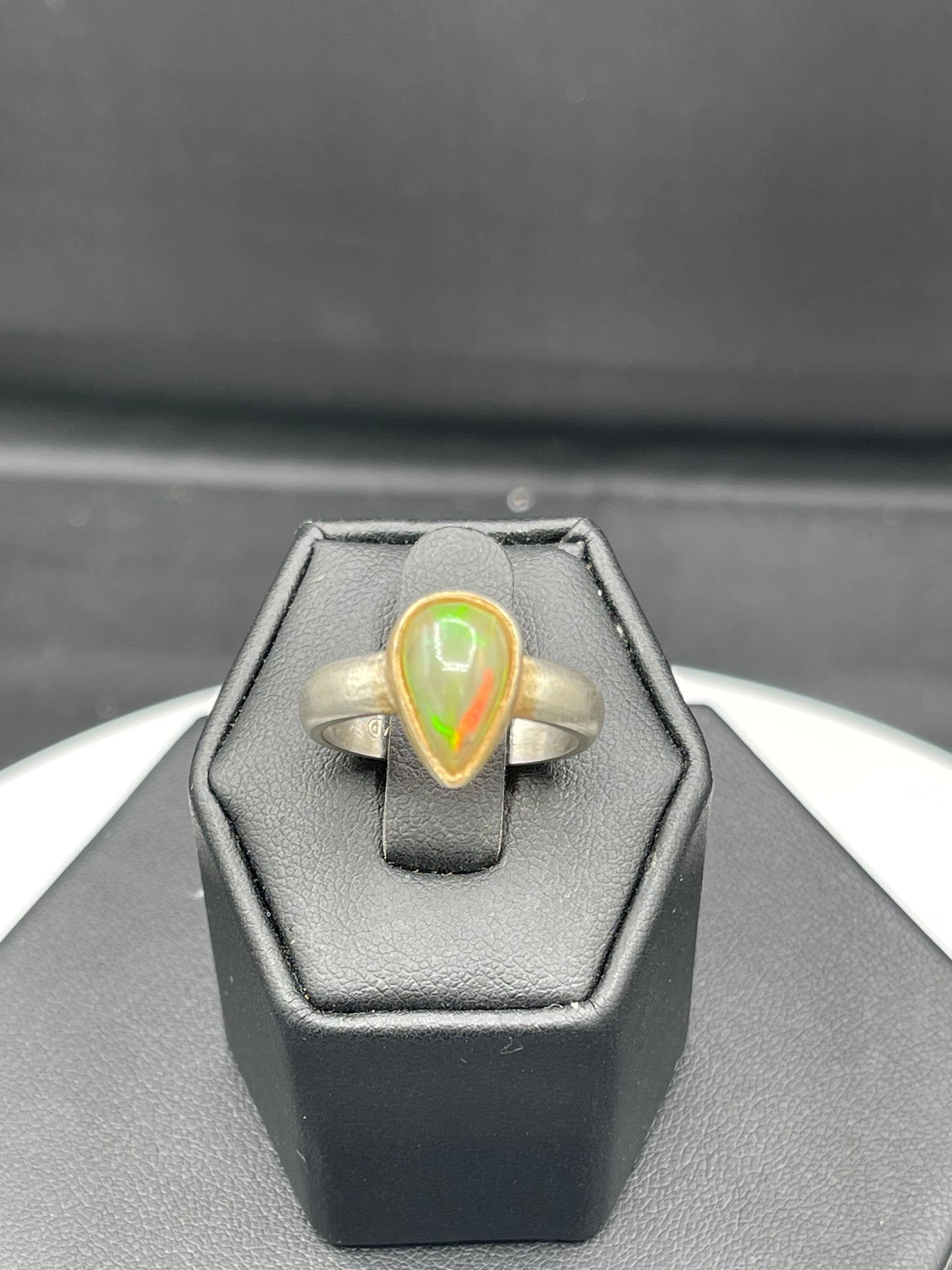 Natural Ethiopian Opal Pear Cut 18k Matte Finish Sterling Silver Ring (Size 8)