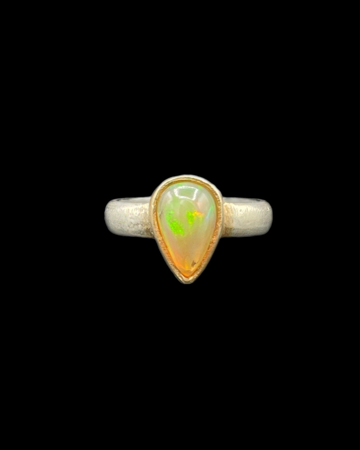 Natural Ethiopian Opal Pear Cut 18k Matte Finish Sterling Silver Ring (Size 8)