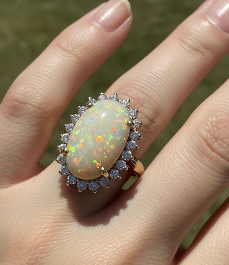 Natural Ethiopian Opal & Diamond Halo 14k Yellow Gold Ring (Size 8.25)