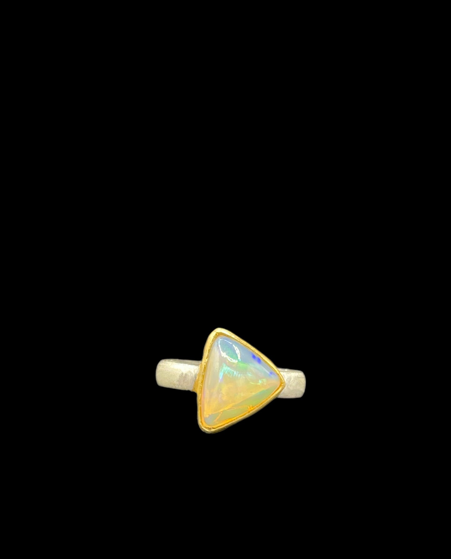Natural Ethiopian Opal Trillion Cut 18k Gold Matte Finish Bezel Sterling Silver Ring (Size 8)