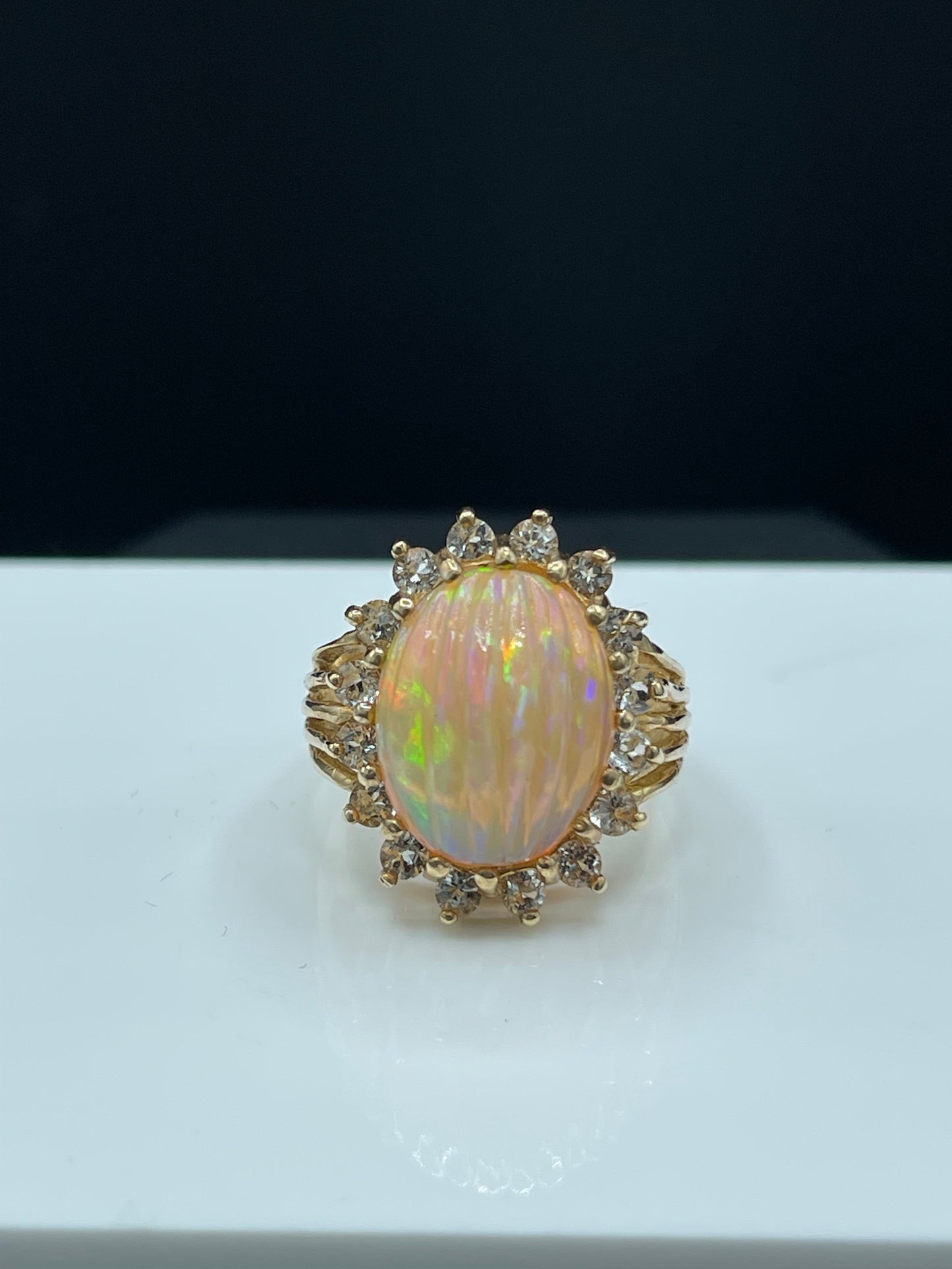 12.57 Carat Ethiopian Welo Opal Natural White Sapphire 14k Yellow Gold Ring (Size 7)