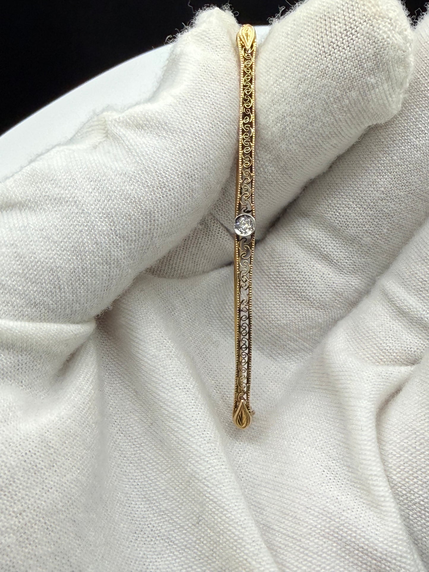 Antique Edwardian 14K Yellow Gold Old European Cut Diamond Bar Brooch Pin – 2.48” Engraved Filigree Design – Circa 1910s