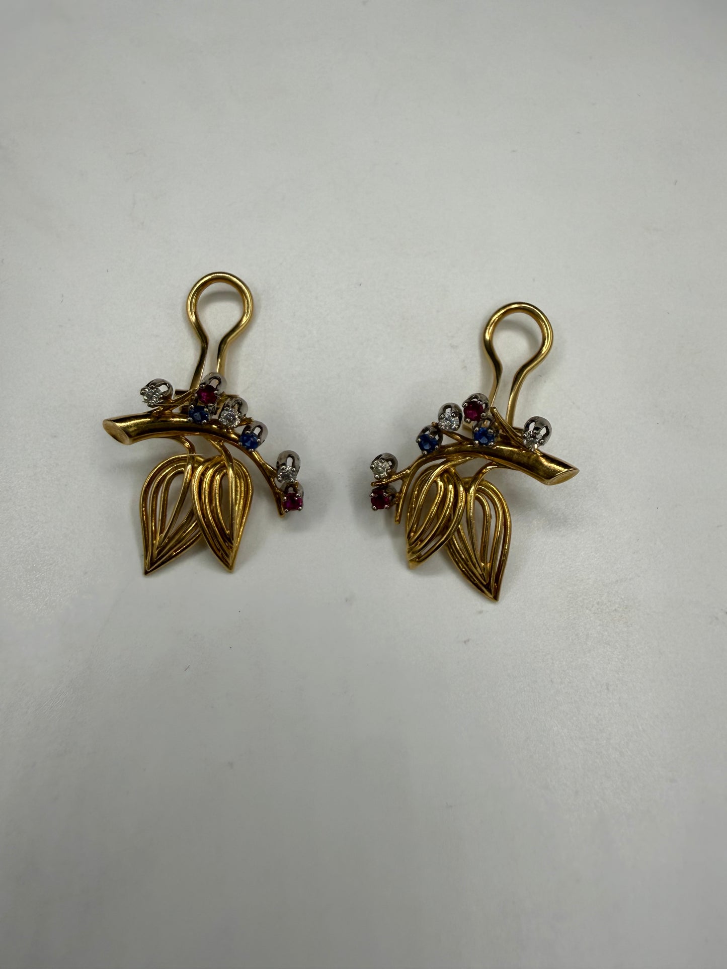 Vintage 18K Gold Diamond, Ruby & Sapphire Clip-On Earrings