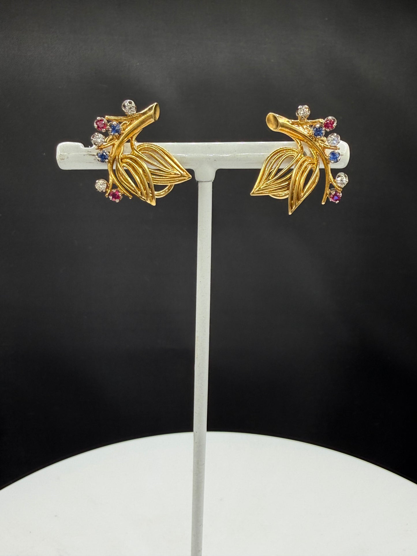 Vintage 18K Gold Diamond, Ruby & Sapphire Clip-On Earrings