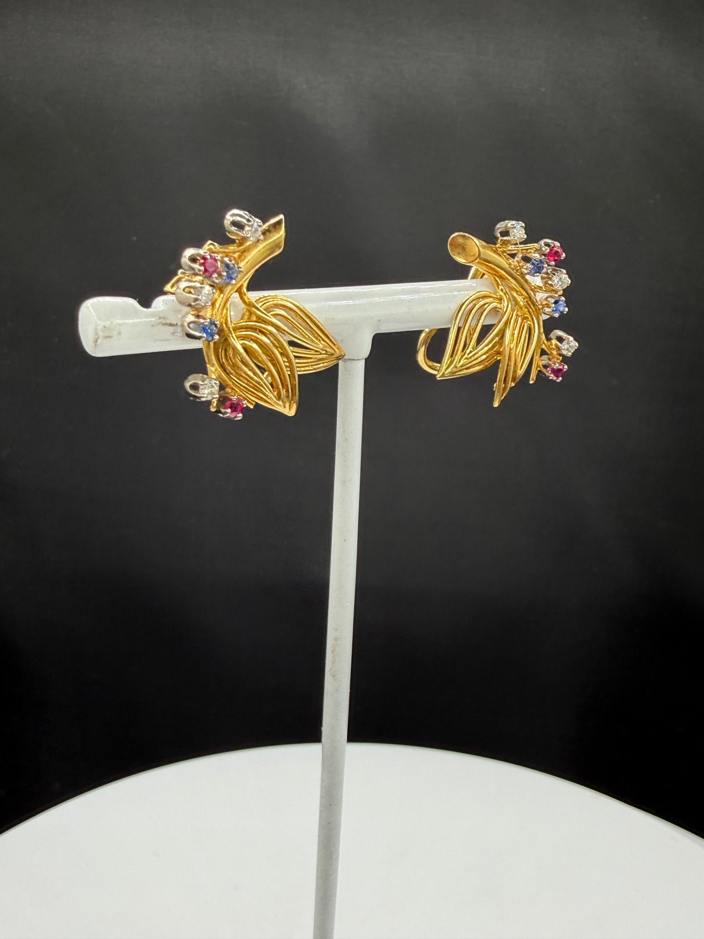 Vintage 18K Gold Diamond, Ruby & Sapphire Clip-On Earrings